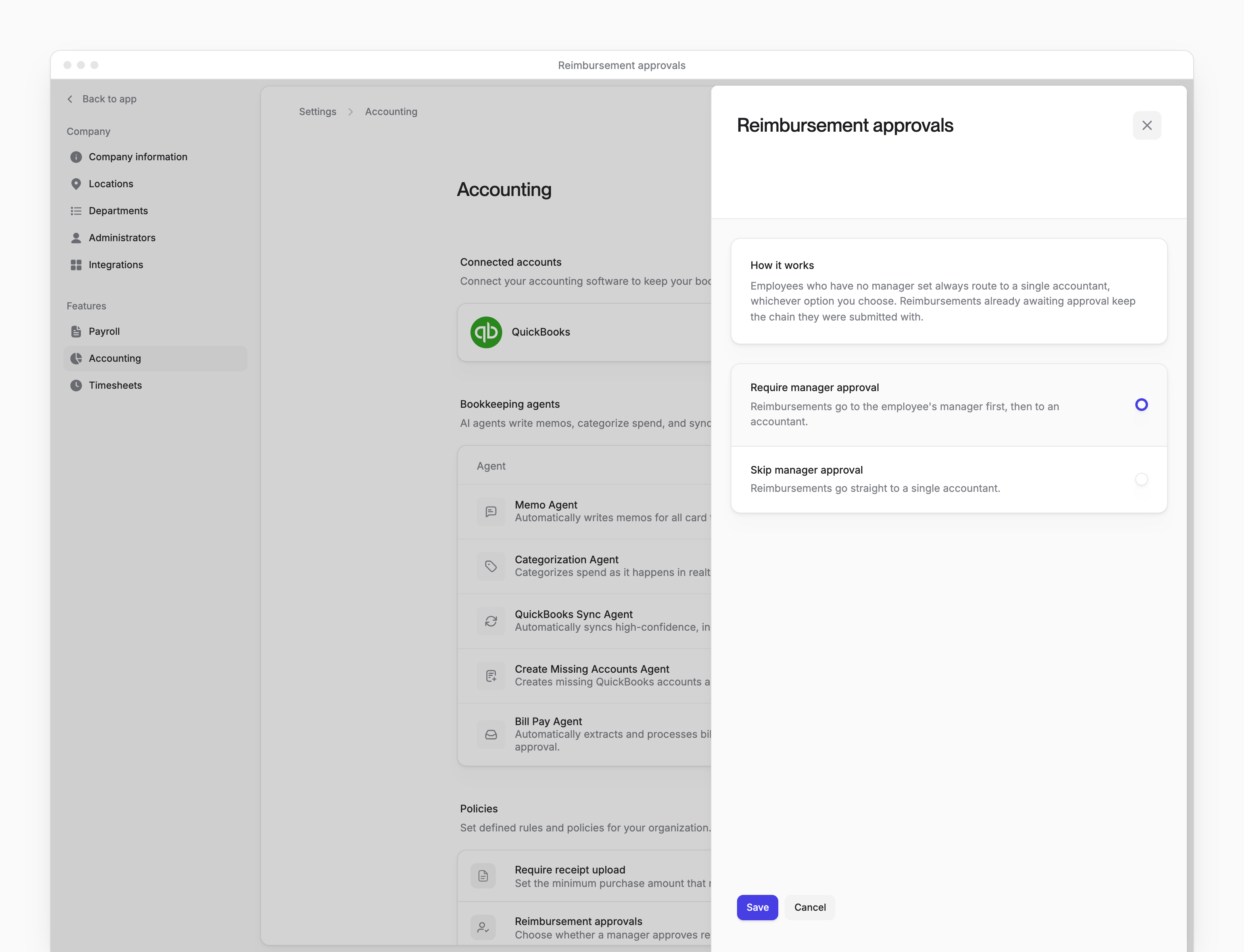 Reimbursement approvals with Require manager approval and Skip manager approval options.