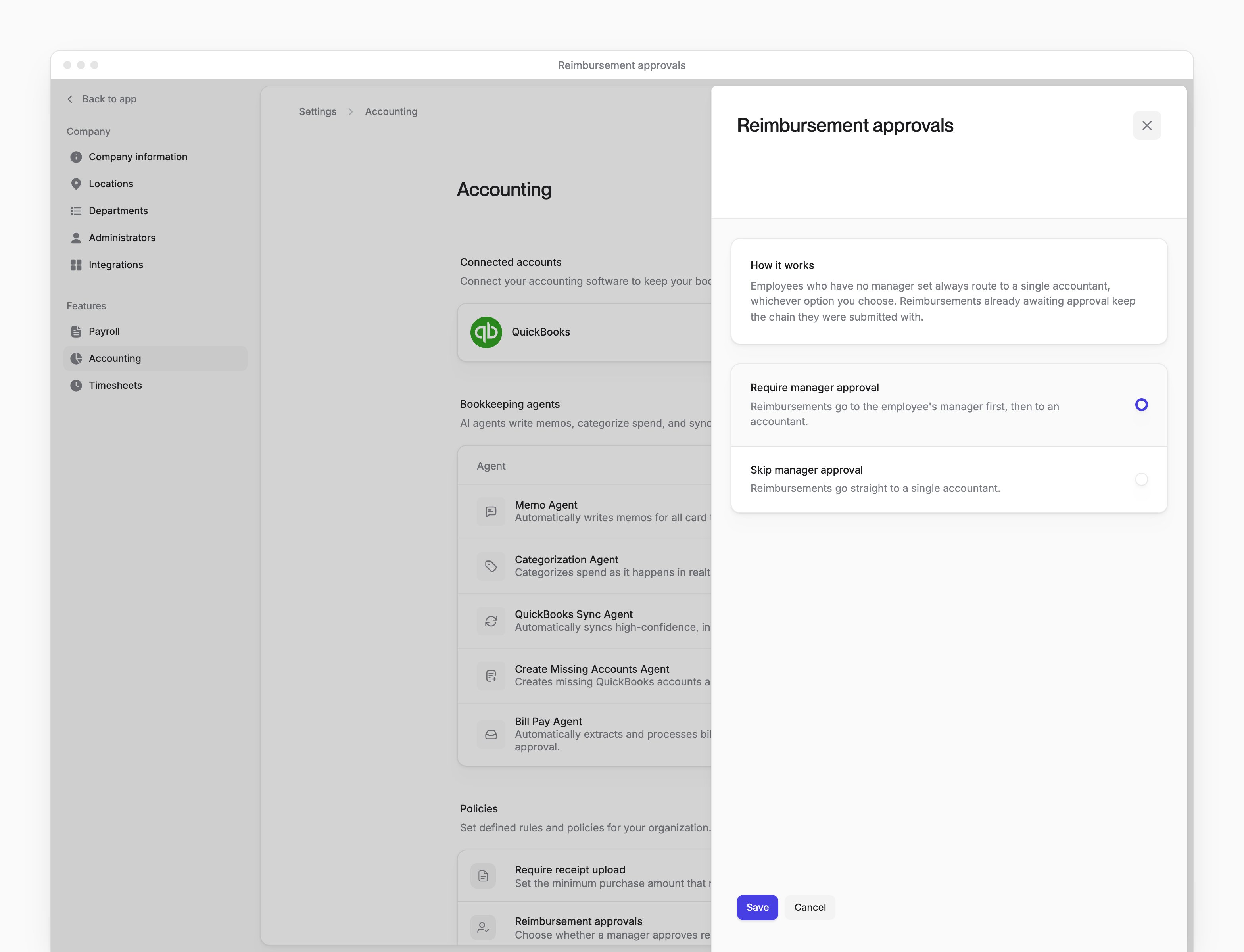 Reimbursement approvals with Require manager approval and Skip manager approval options.