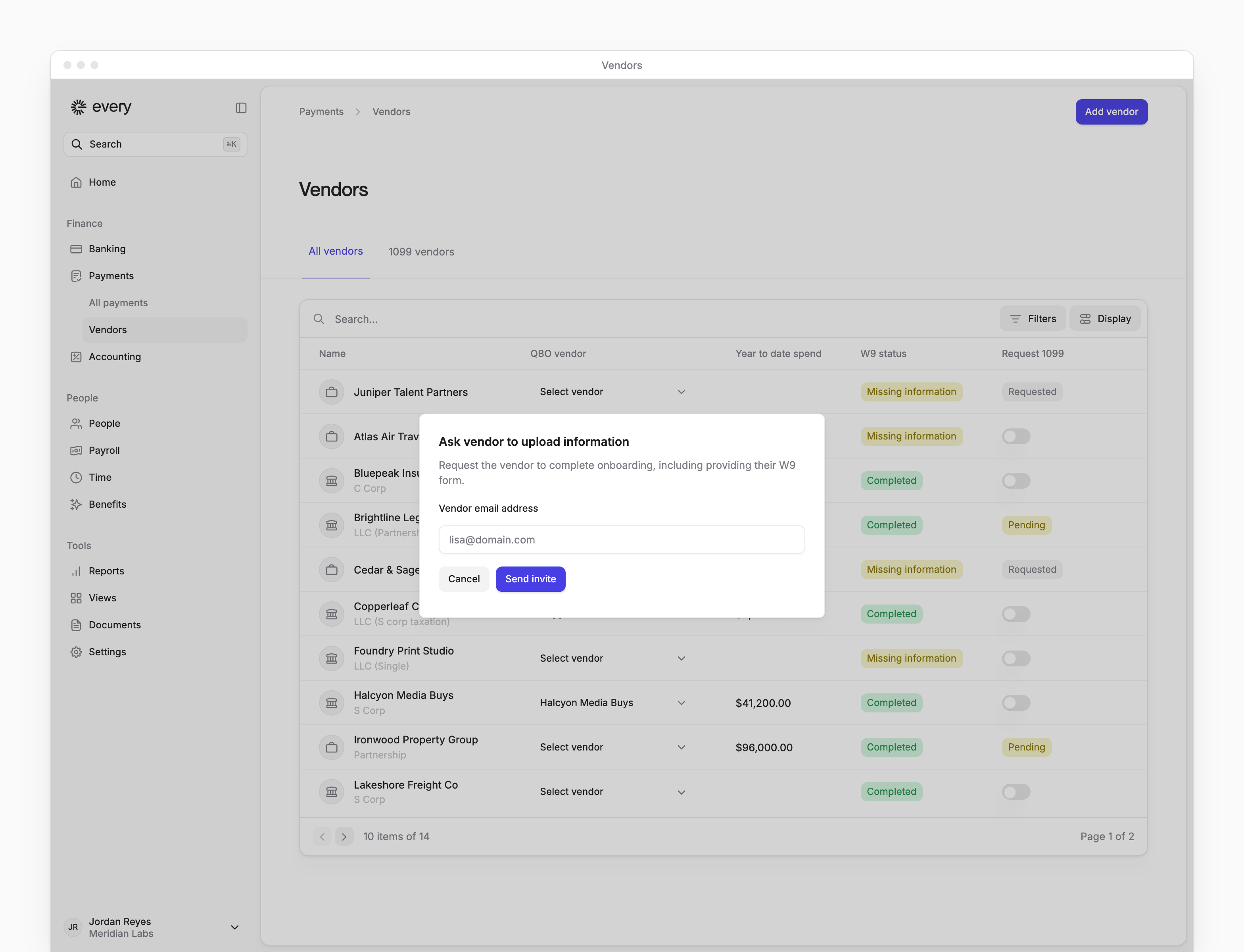 Ask vendor to upload information, with a Vendor email address field and Send invite button.