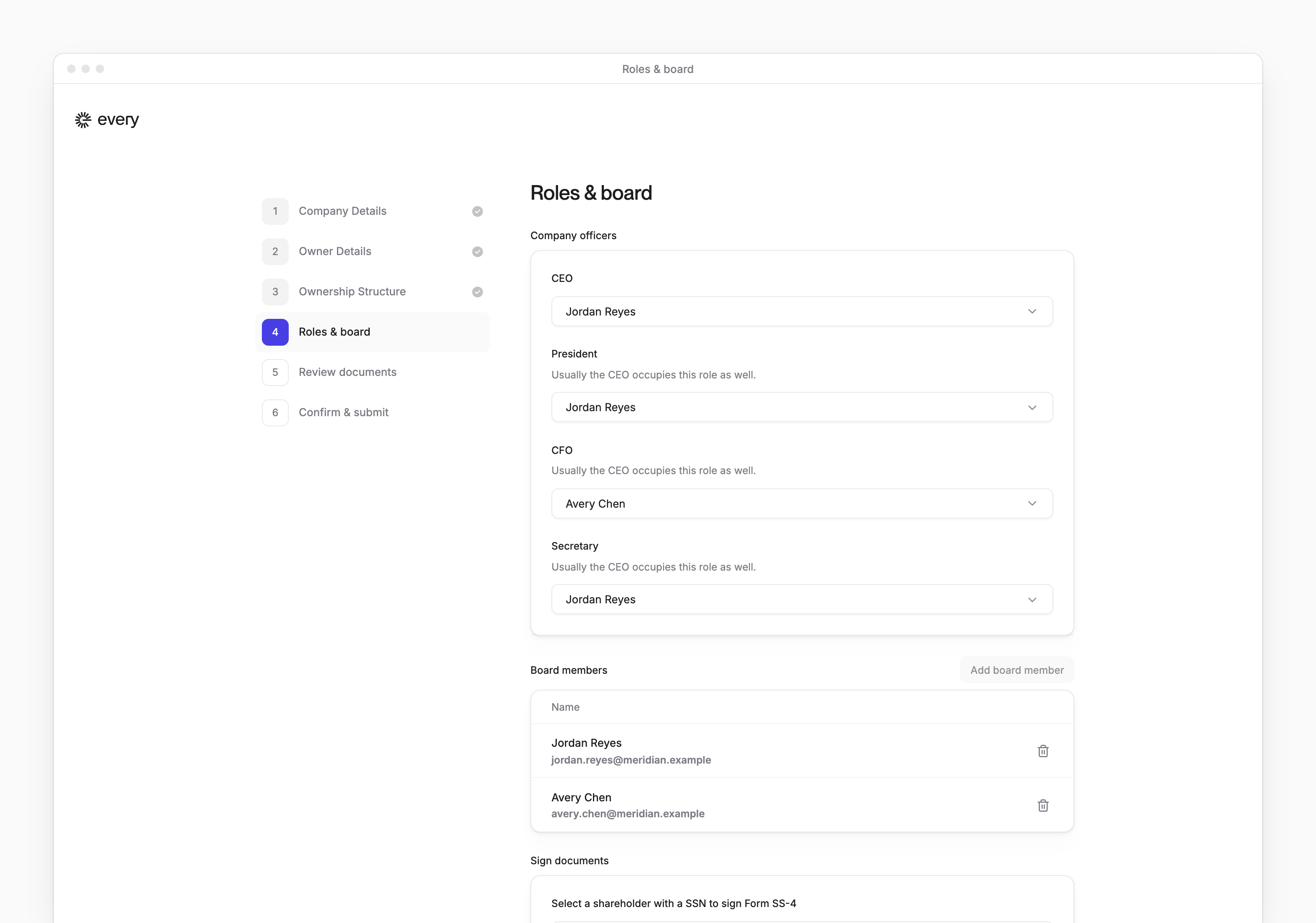 Roles & board with CEO, President, CFO and Secretary choices above the board members section.