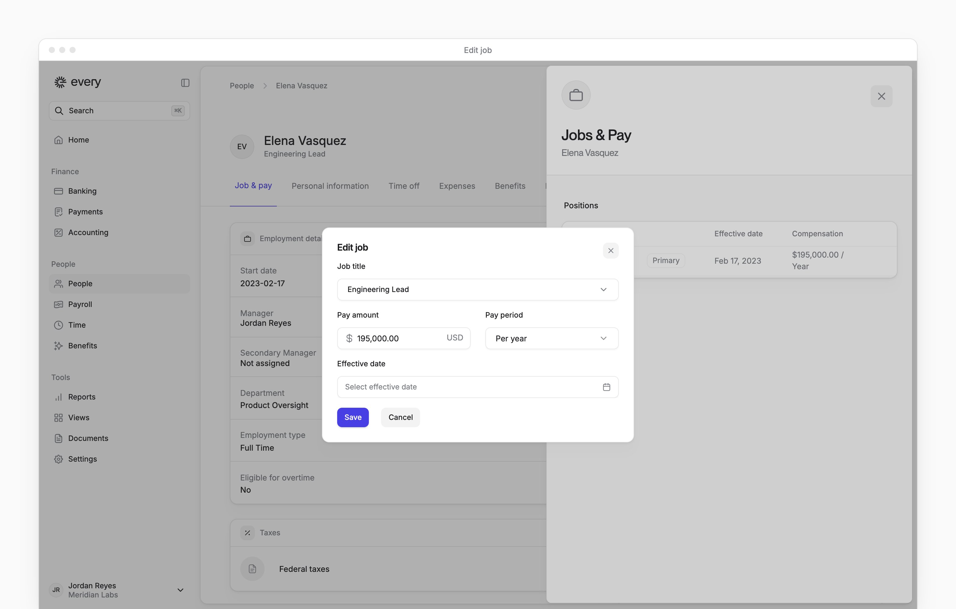 Edit job with the job title, pay amount, pay period and effective date.