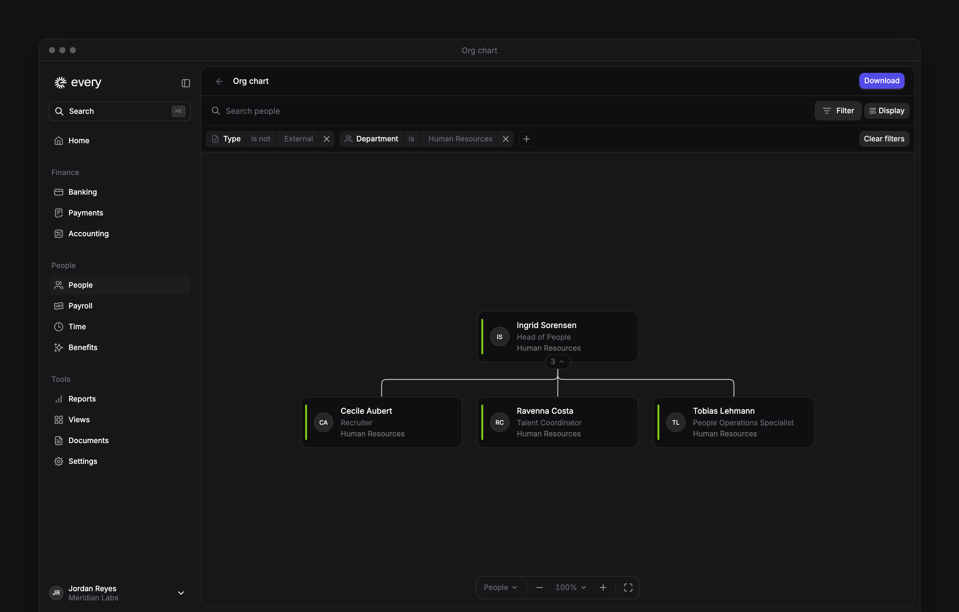 Org chart filtered to Human Resources, with reporting lines, employee cards and Download.