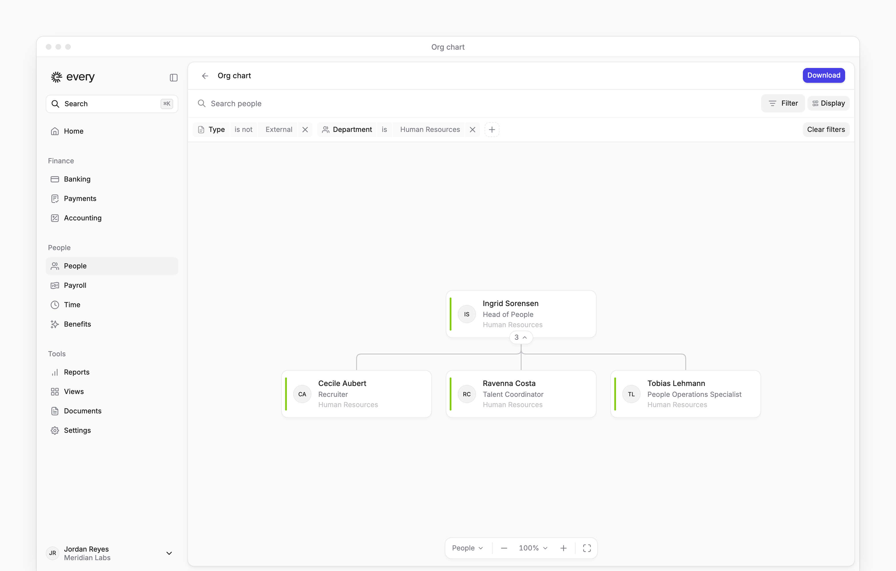 Org chart filtered to Human Resources, with reporting lines, employee cards and Download.