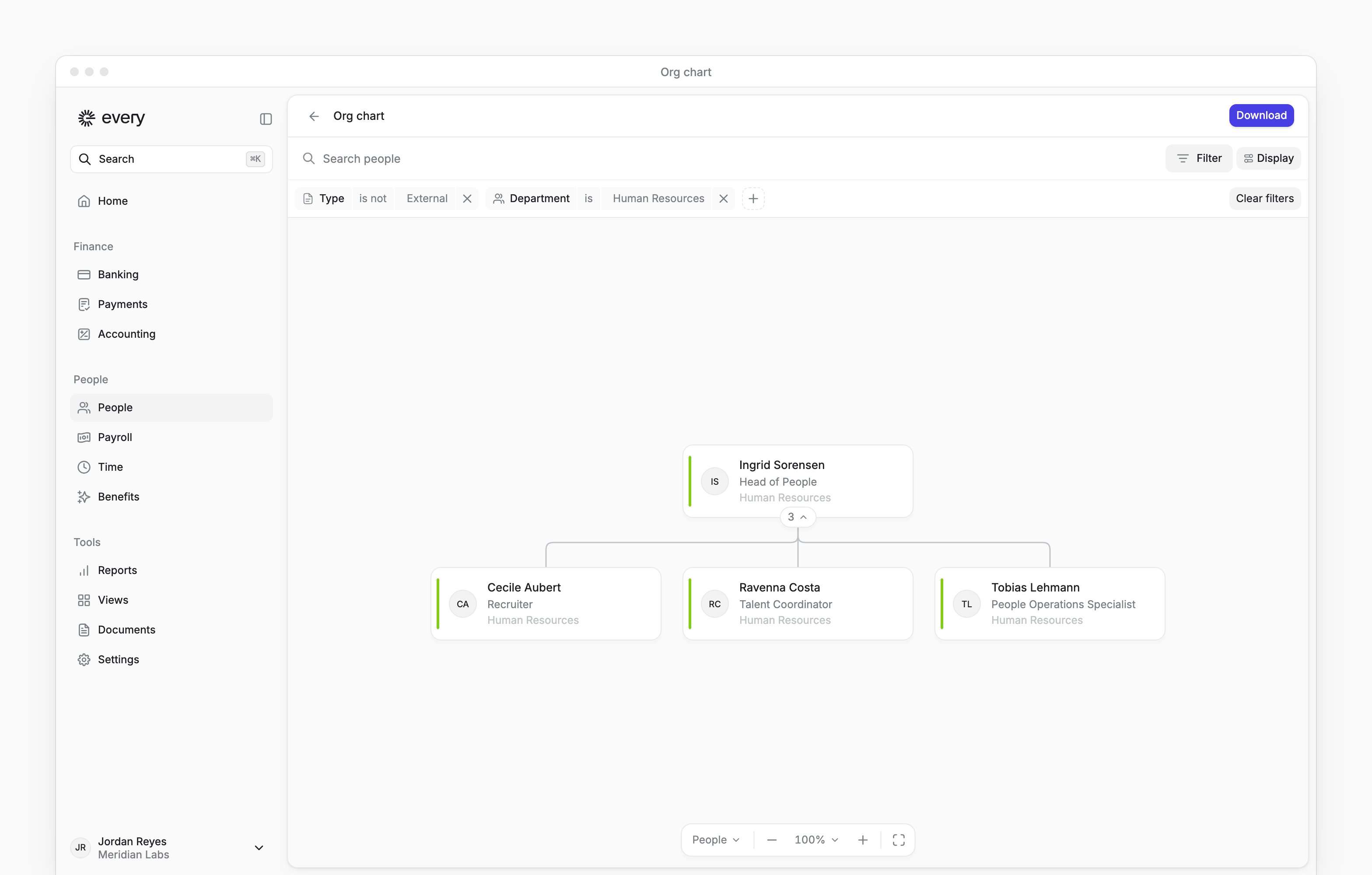 Org chart filtered to Human Resources, with reporting lines, employee cards and Download.