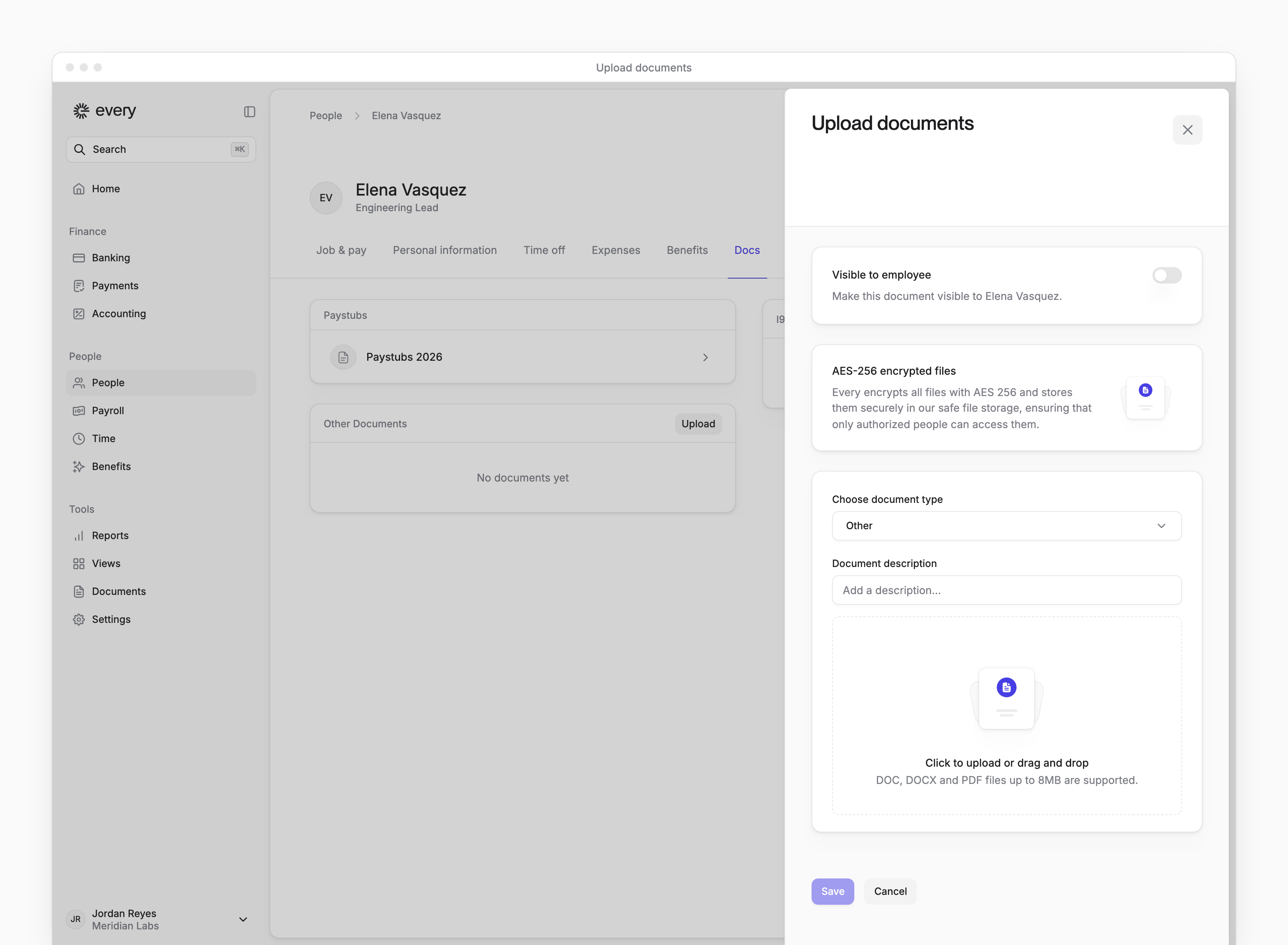Upload documents with the document type, description, file upload and Visible to employee switch.