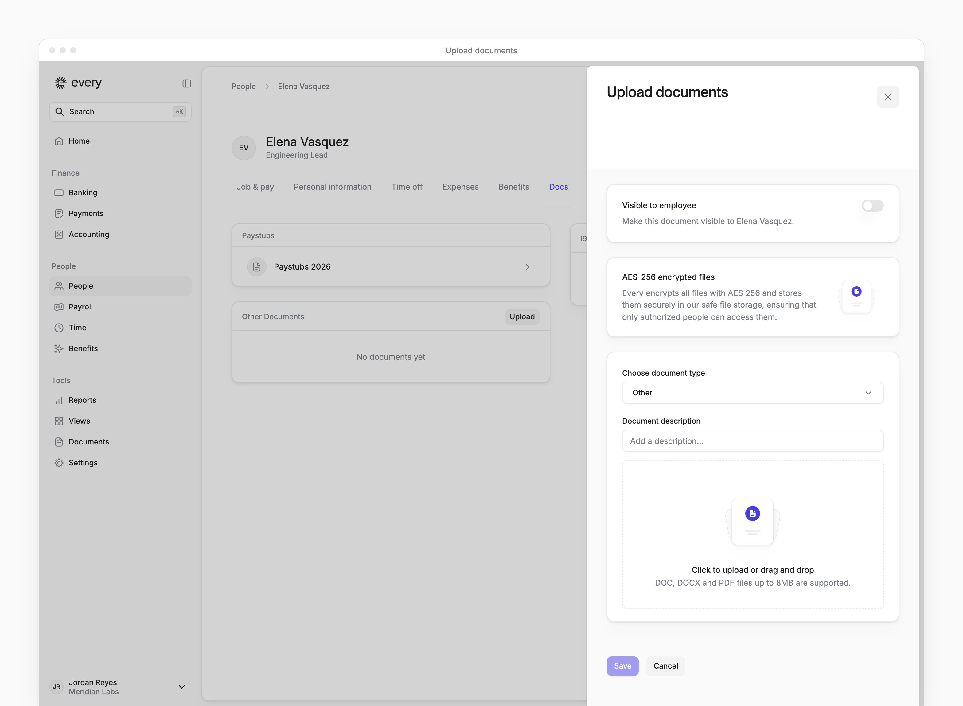 Upload documents with the document type, description, file upload and Visible to employee switch.