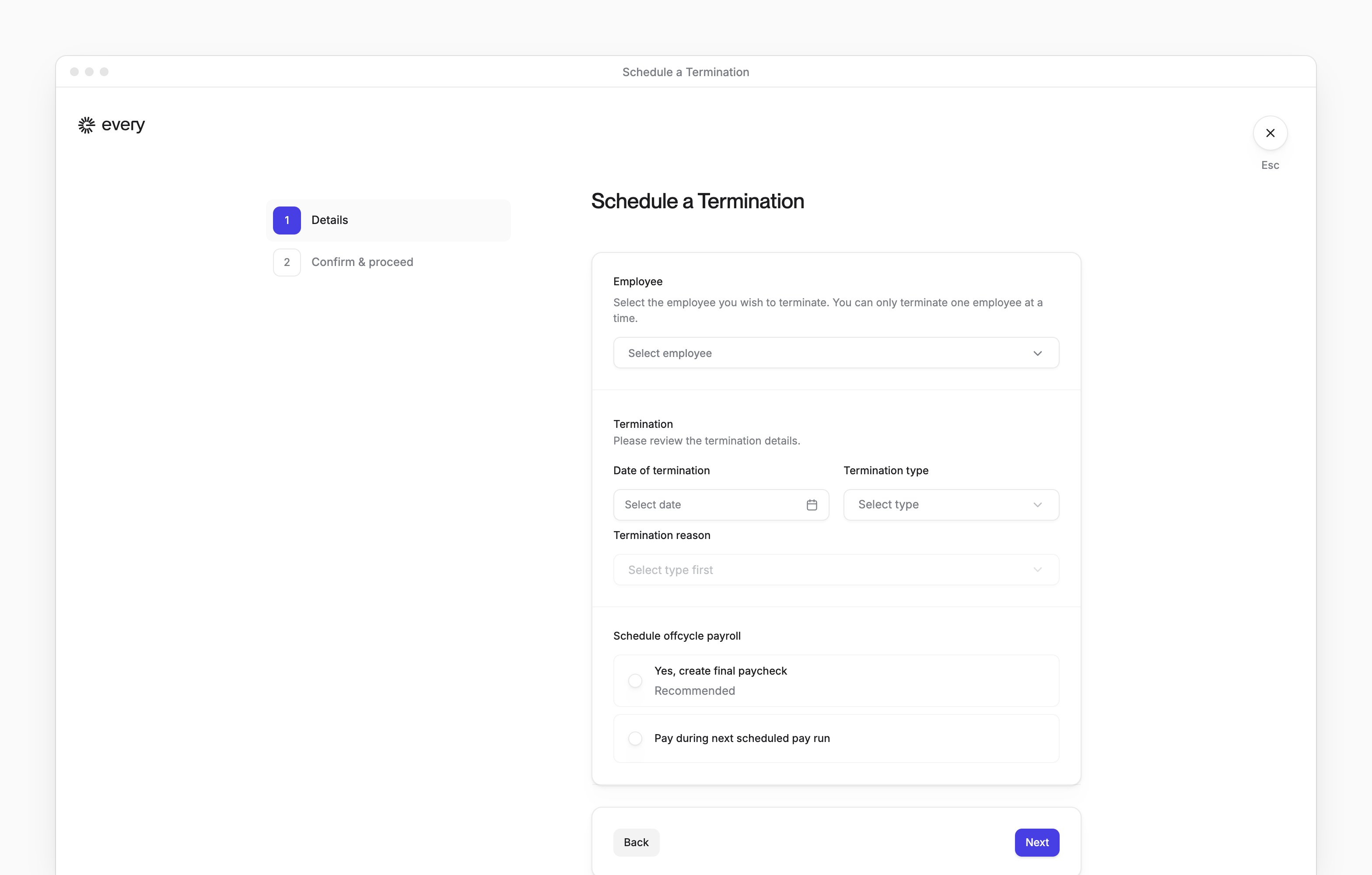 Schedule a Termination with the employee, last day, termination reason and final-pay choices.