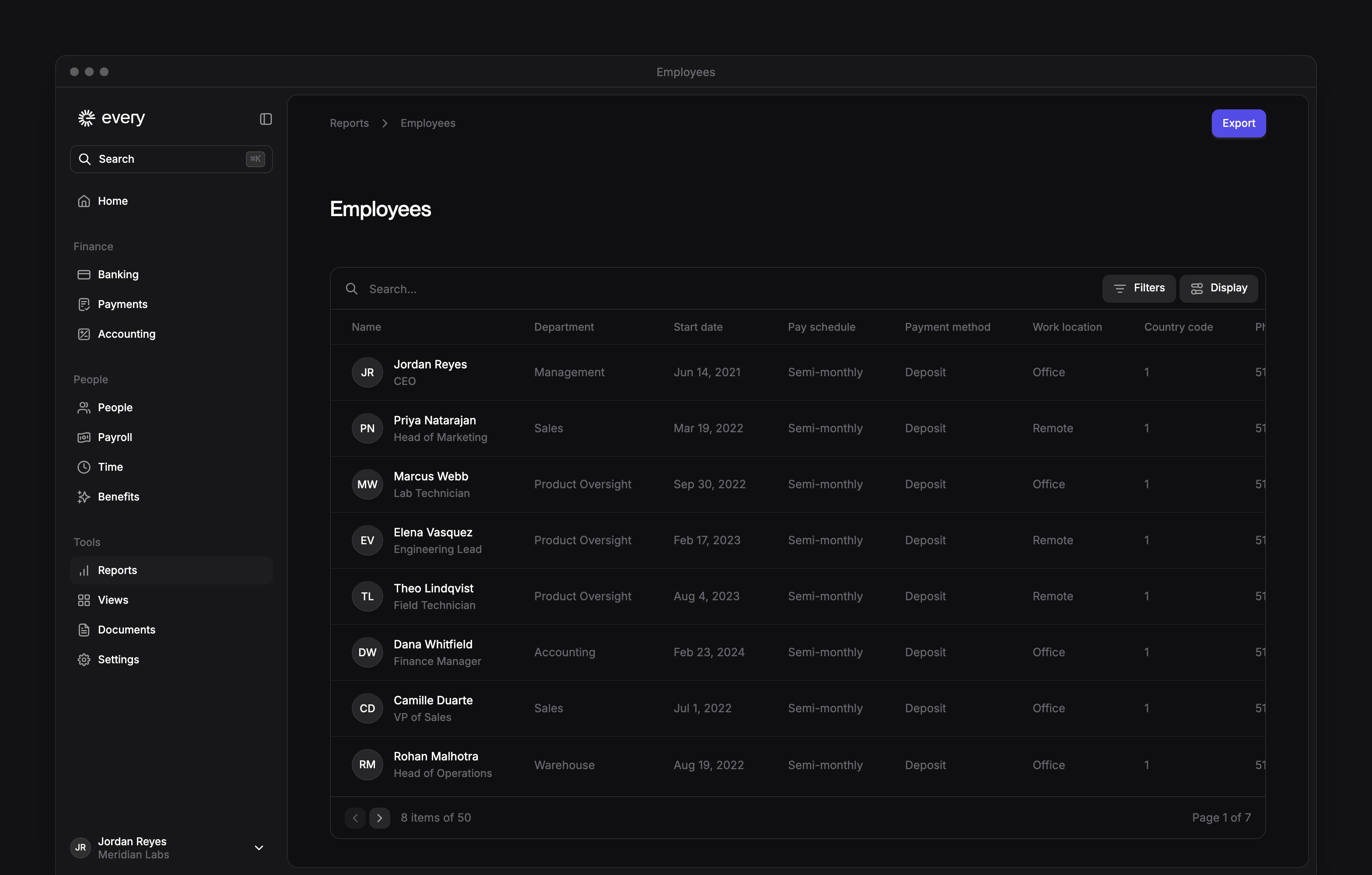 Employees report with names, departments, start dates, pay schedules and report controls.
