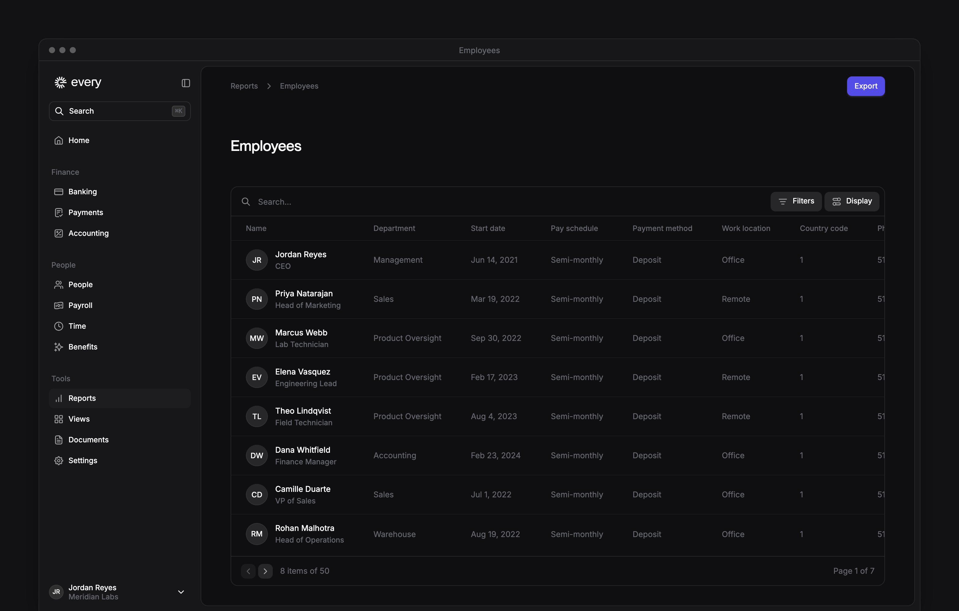 Employees report with names, departments, start dates, pay schedules and report controls.