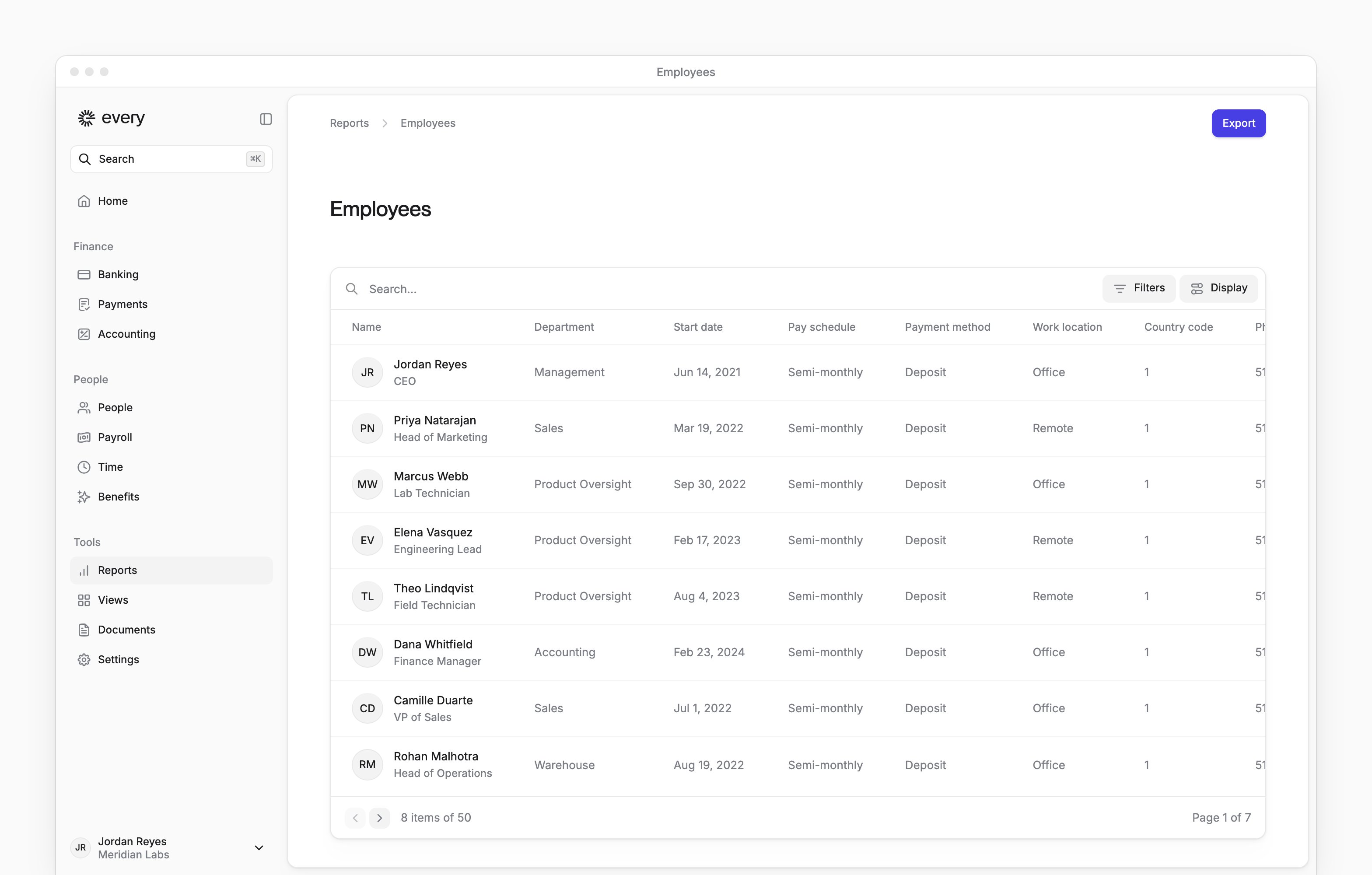 Employees report with names, departments, start dates, pay schedules and report controls.