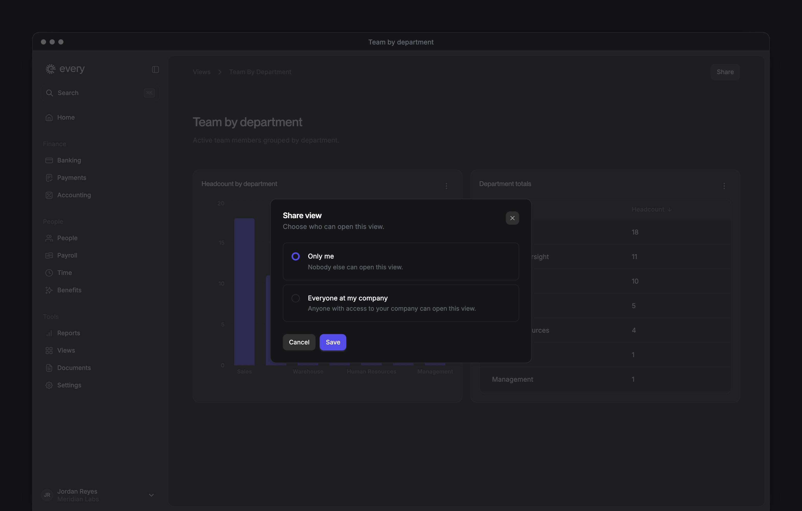 Share view dialog with Only me and Everyone at my company choices over a saved view.