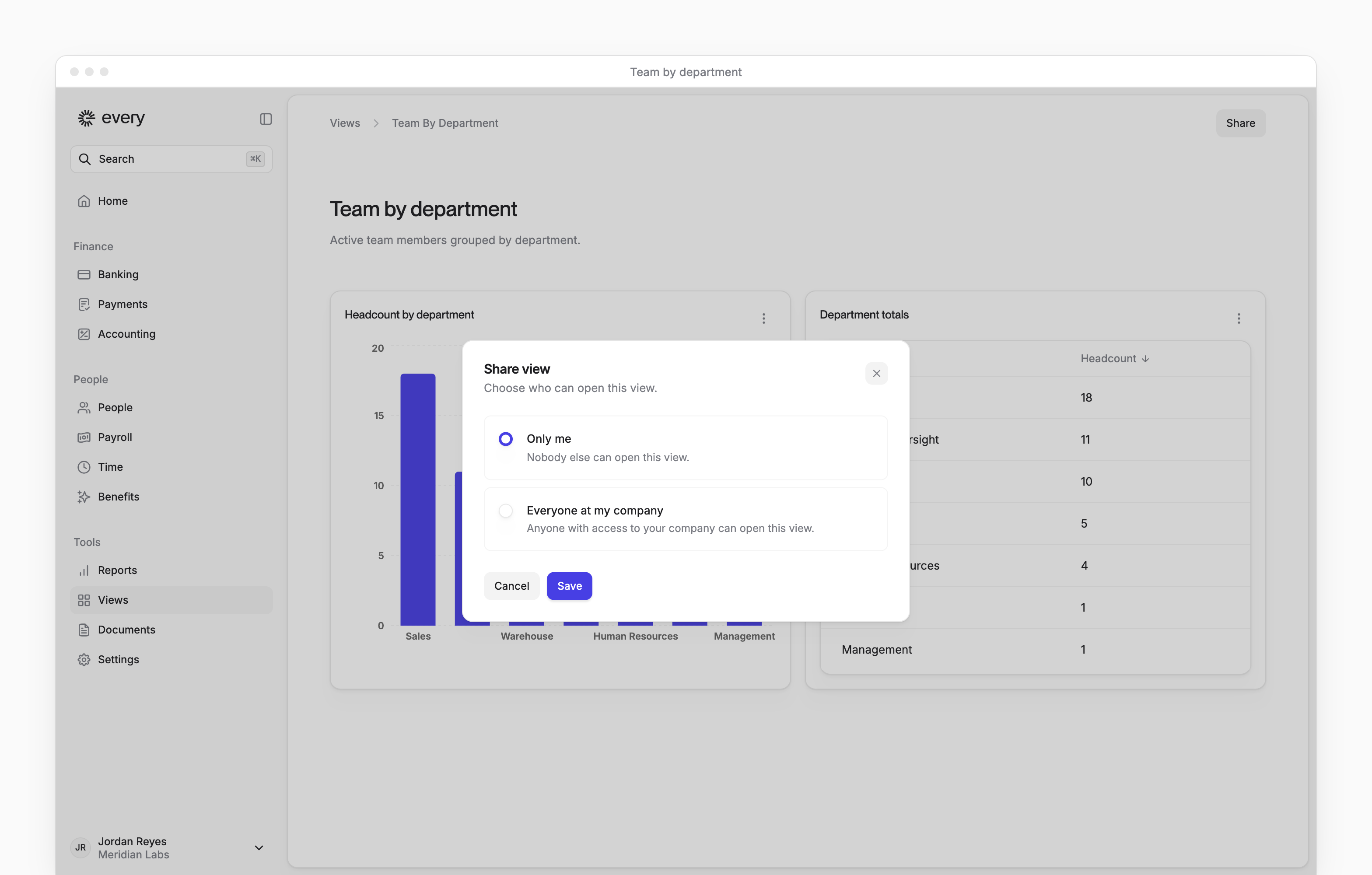 Share view dialog with Only me and Everyone at my company choices over a saved view.