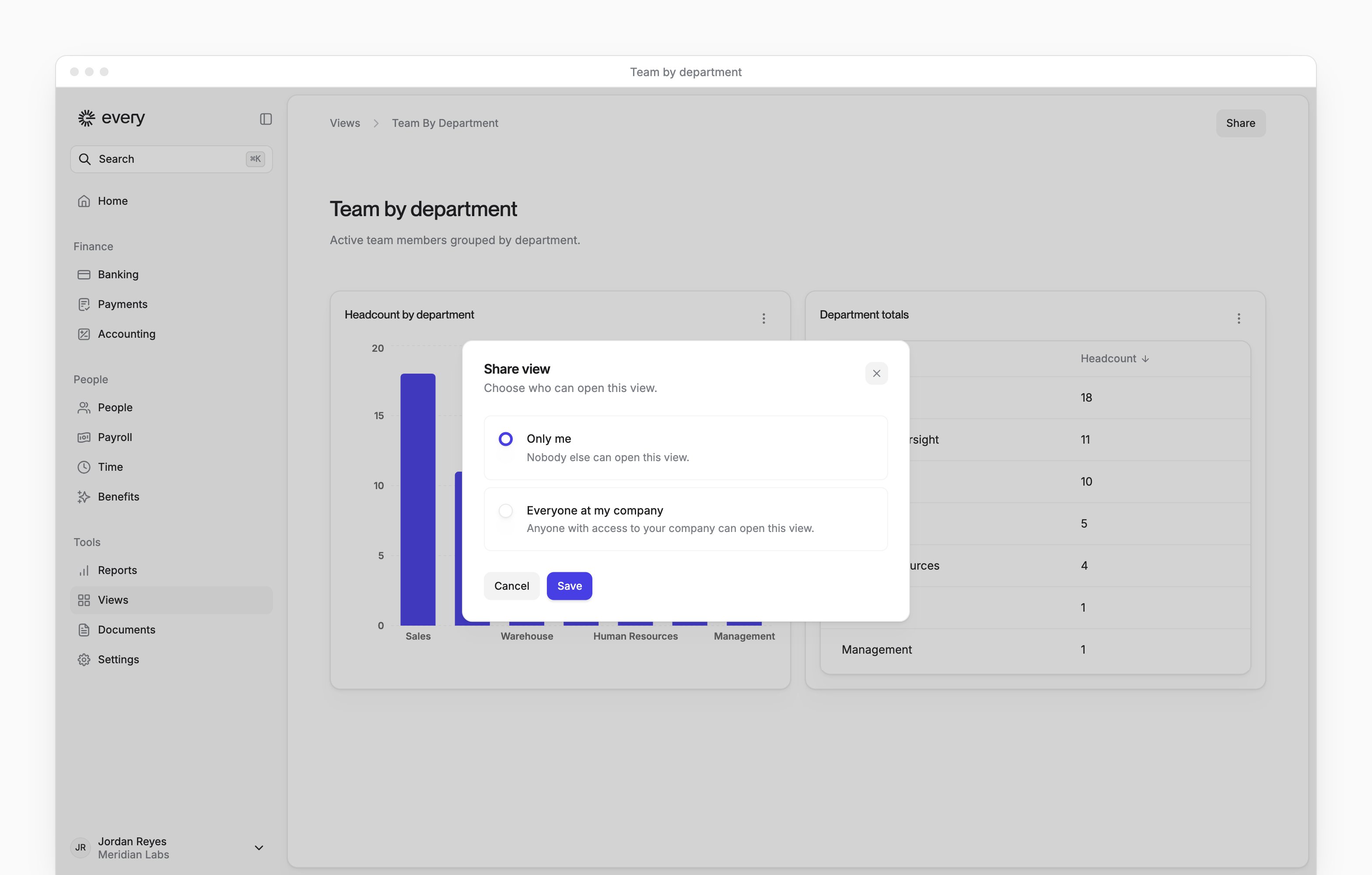 Share view dialog with Only me and Everyone at my company choices over a saved view.