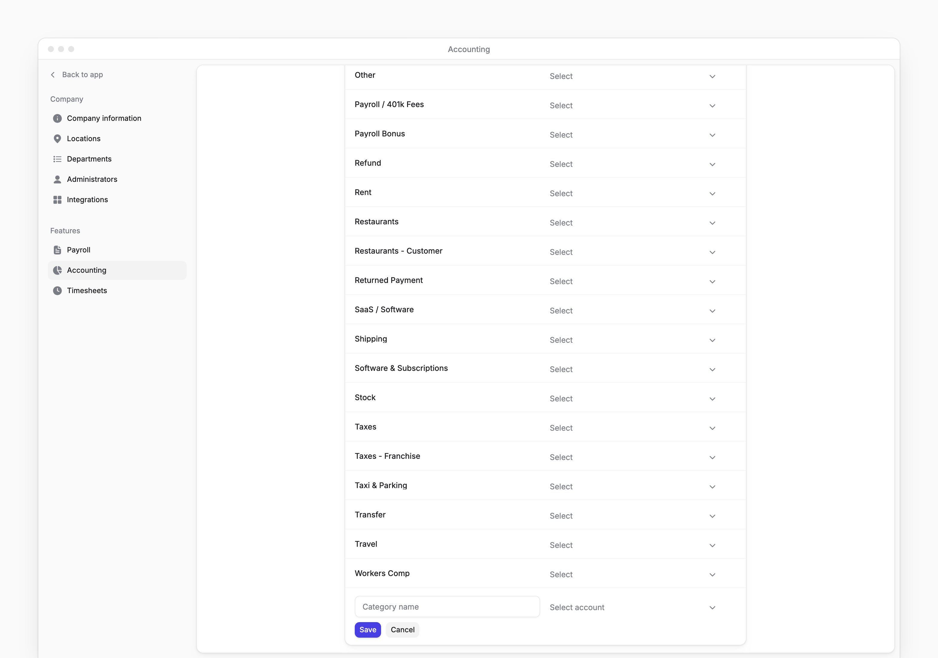 Category mapping with the inline Category name and QuickBooks account form under Other categories.
