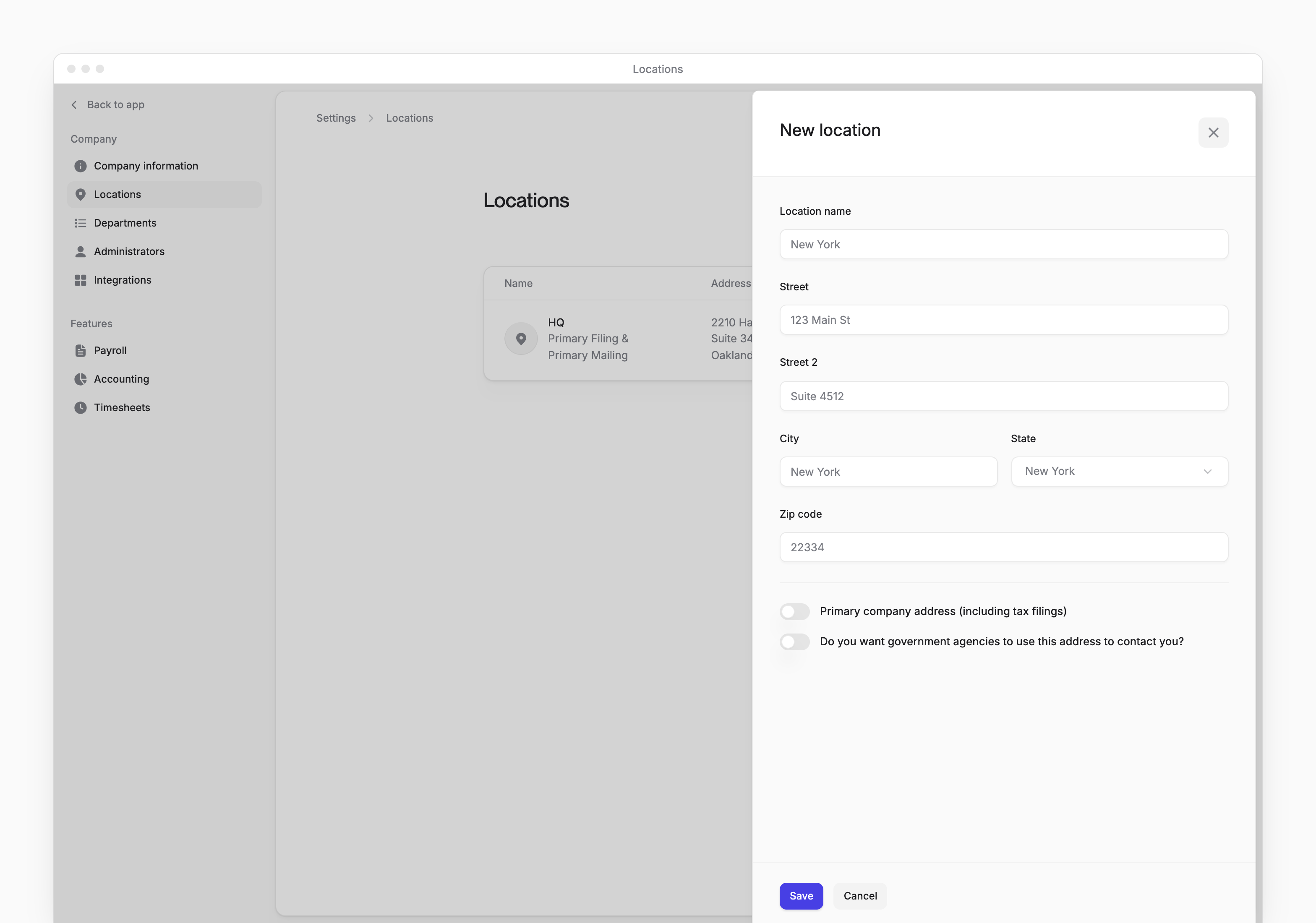 New location sheet with address fields and switches for the company's filing and mailing address.