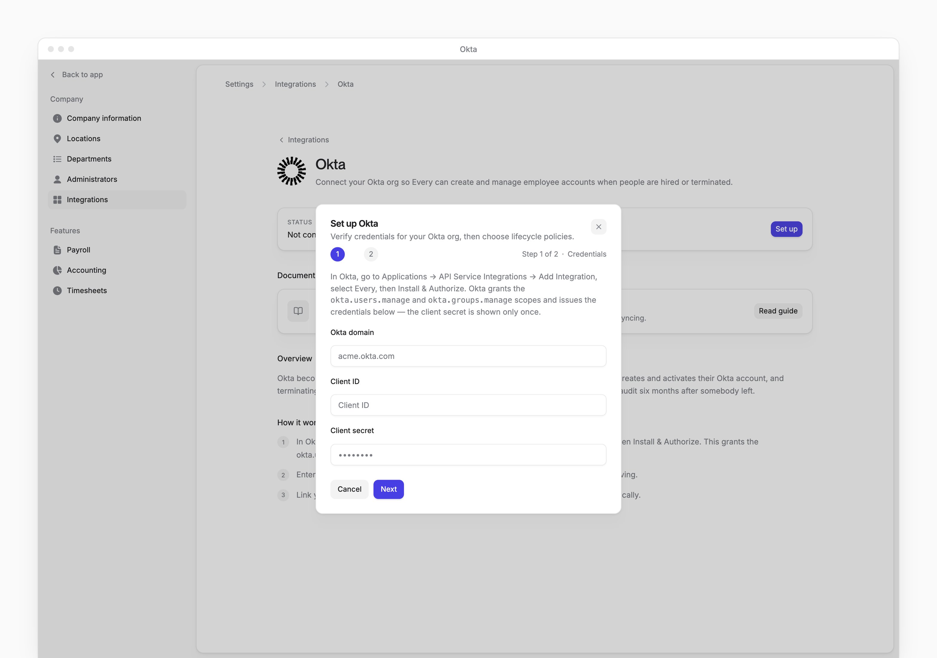 Set up Okta dialog with empty Okta domain, Client ID and Client secret fields.