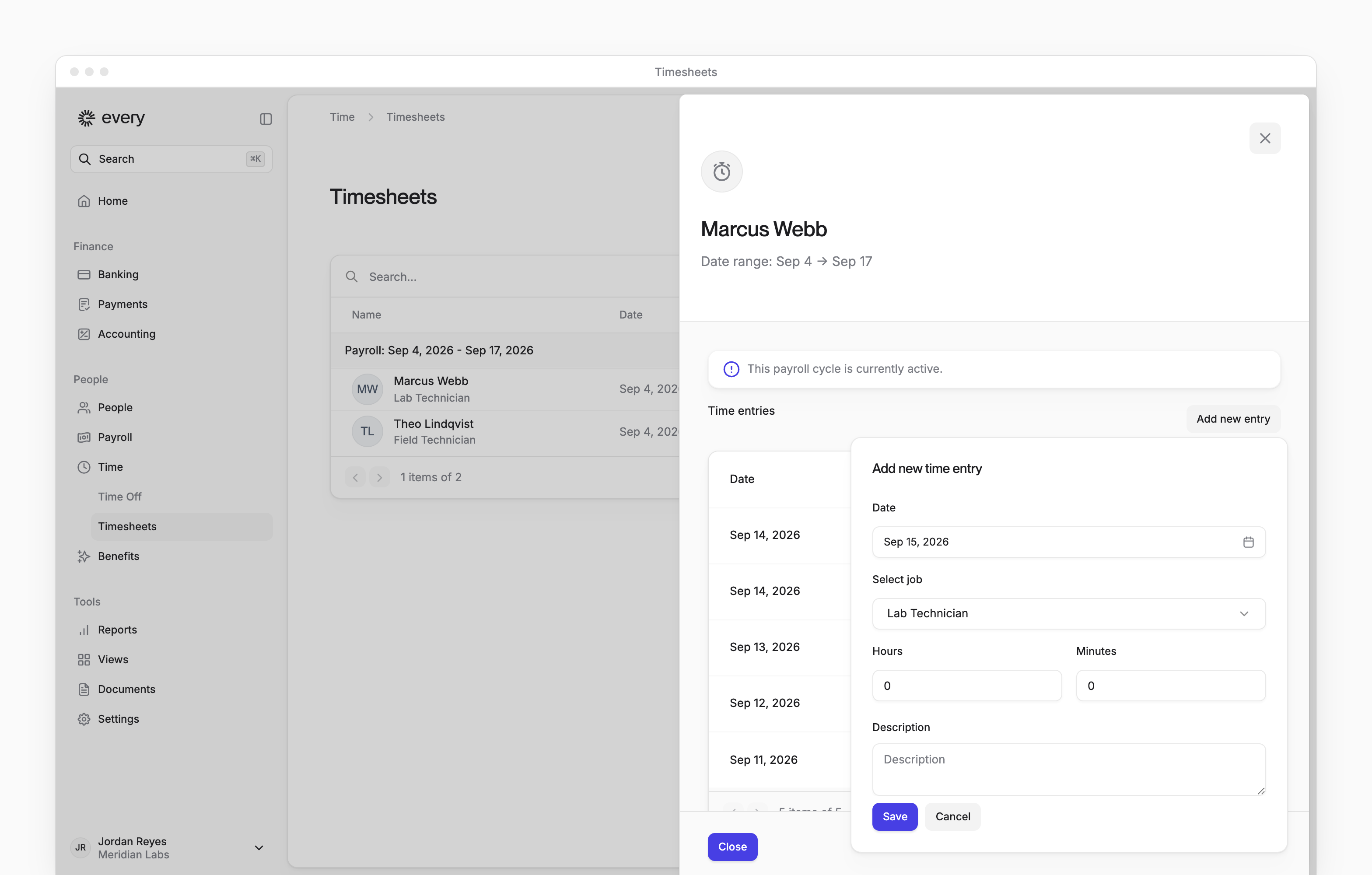 Add new time entry with date, job, hours, minutes, description and Save.