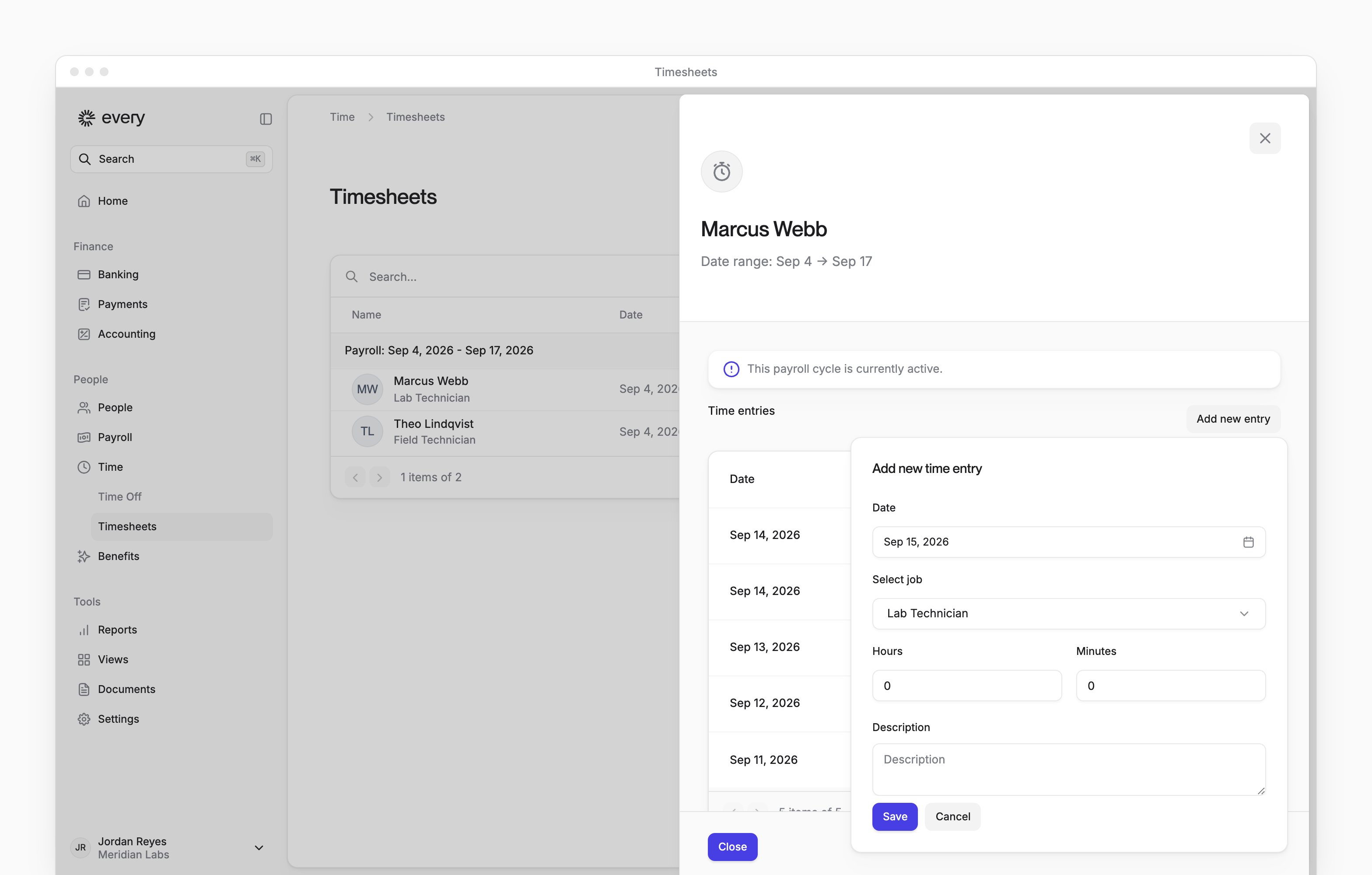 Add new time entry with date, job, hours, minutes, description and Save.