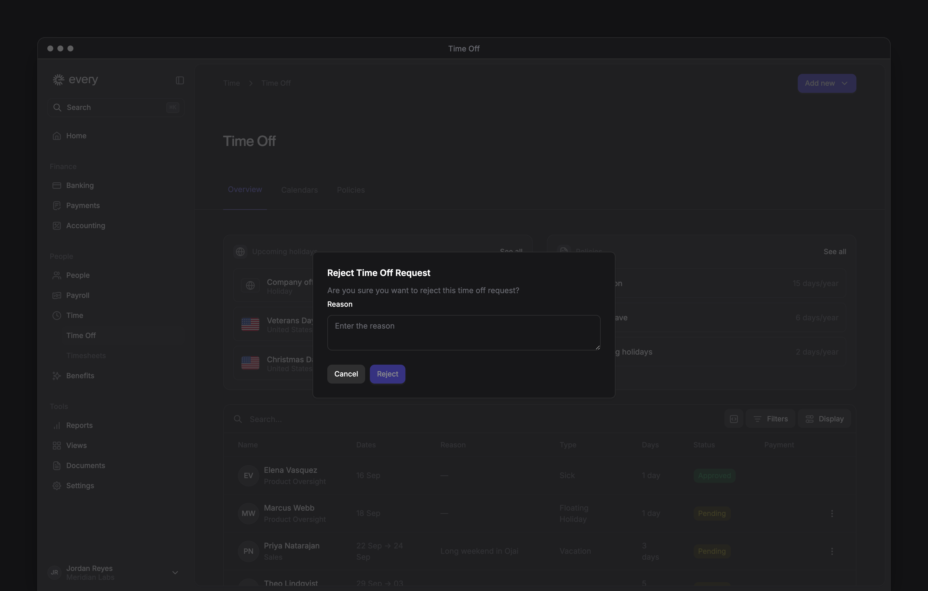 Reject Time Off Request with a required reason and Reject and Cancel actions.