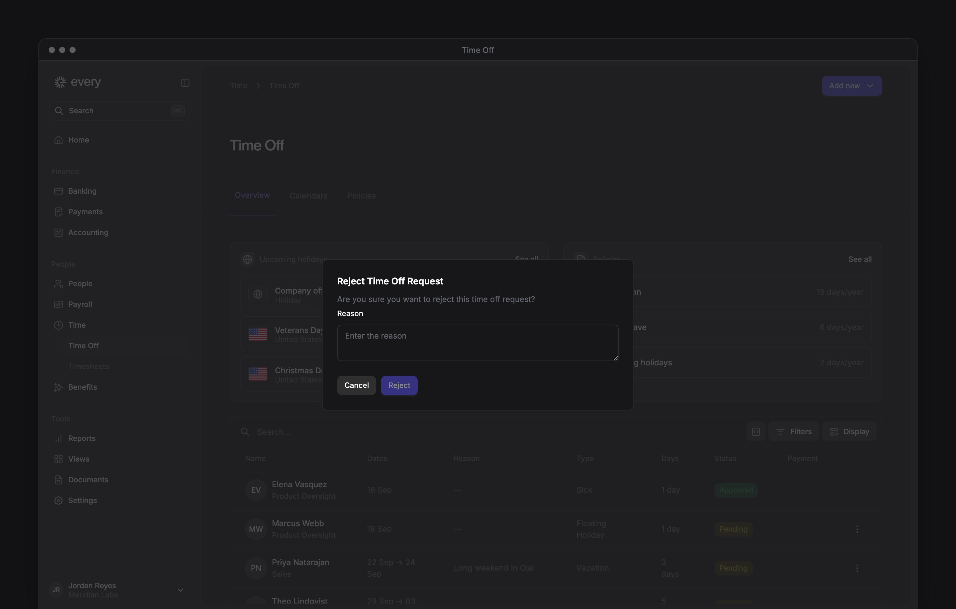 Reject Time Off Request with a required reason and Reject and Cancel actions.