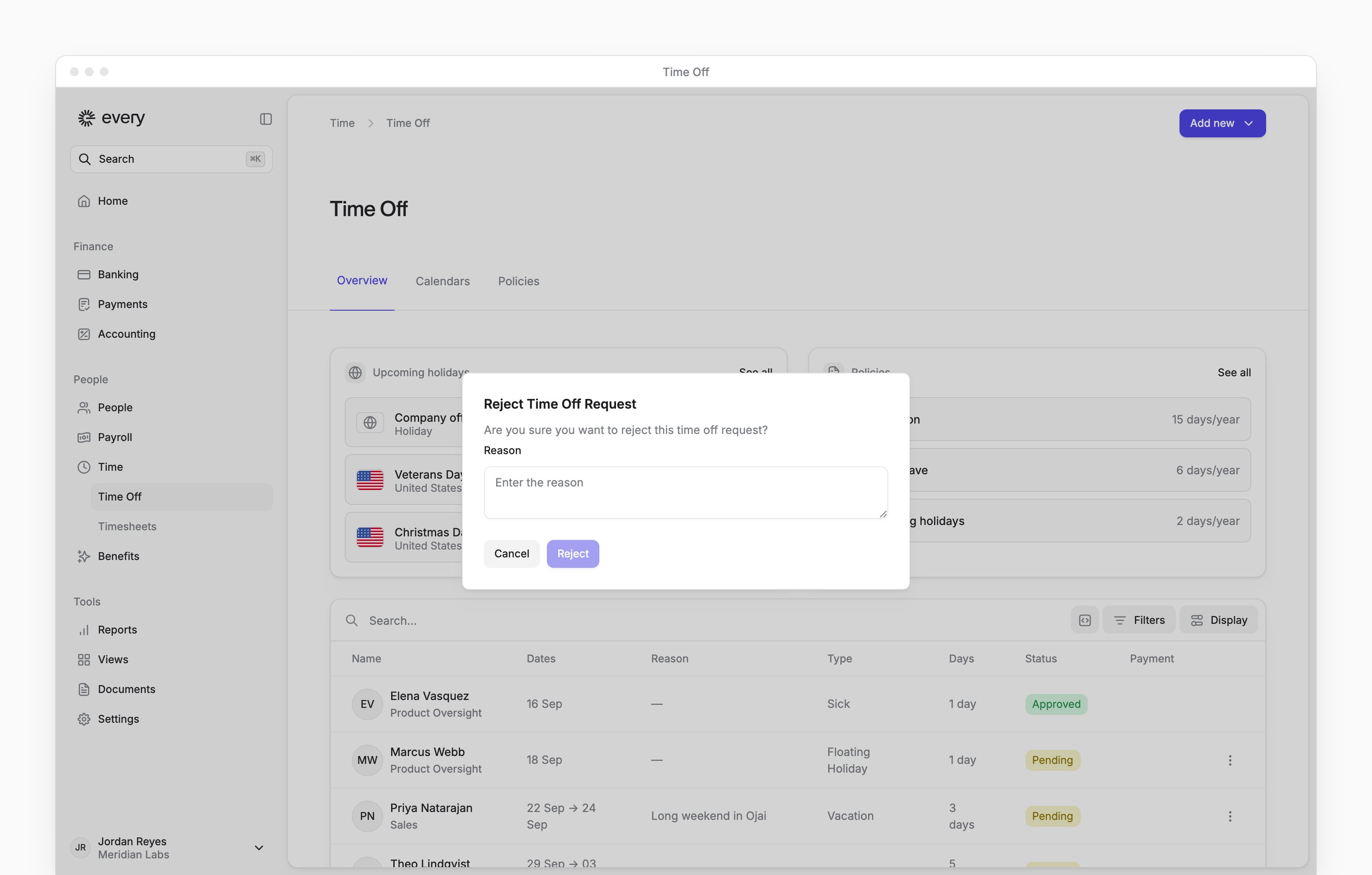 Reject Time Off Request with a required reason and Reject and Cancel actions.