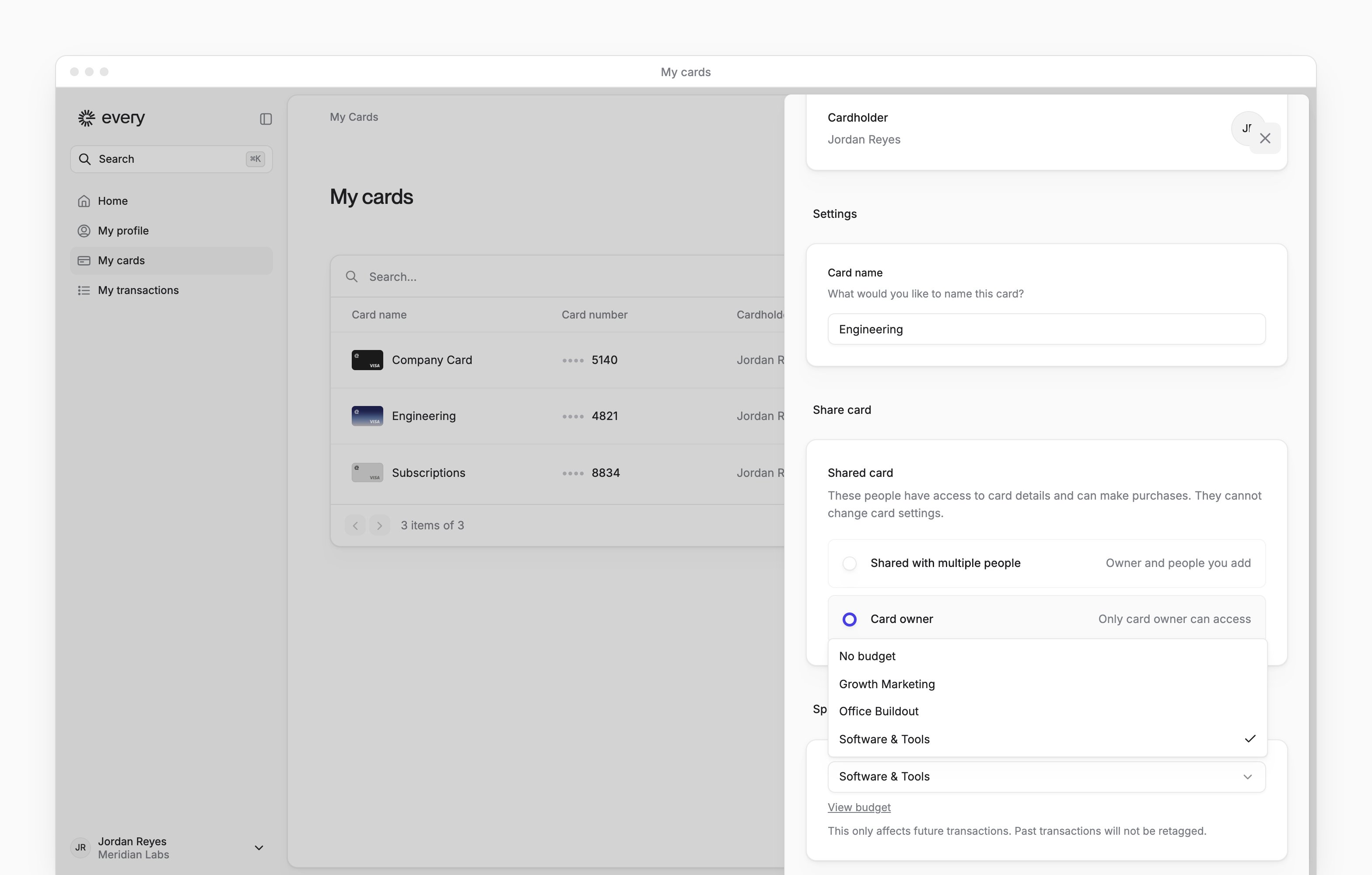Your card's Spending Budget picker, with No budget and budgets you own, beside the app sidebar.