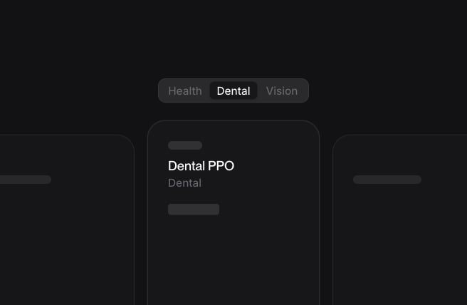 Benefits plans step with Health, Dental and Vision tabs, and the Dental PPO plan selected among three plan cards.