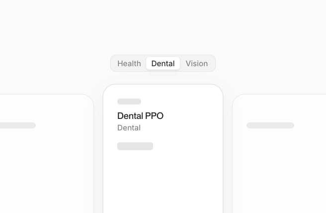Benefits plans step with Health, Dental and Vision tabs, and the Dental PPO plan selected among three plan cards.