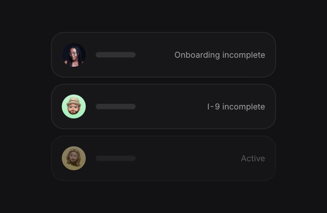 Three people from People with their photos, each with a name and a status: Onboarding incomplete, I-9 incomplete and Active.