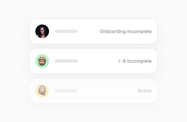 Three people from People with their photos, each with a name and a status: Onboarding incomplete, I-9 incomplete and Active.