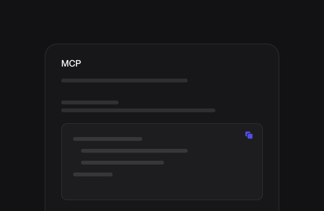 MCP connection panel with a short code block and copy control.