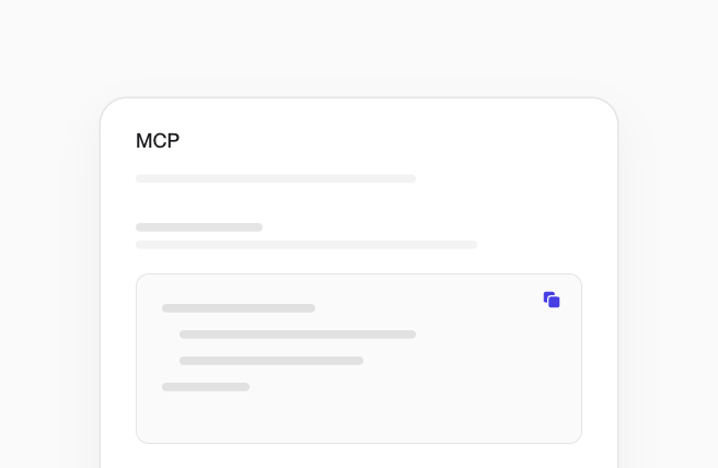 MCP connection panel with a short code block and copy control.