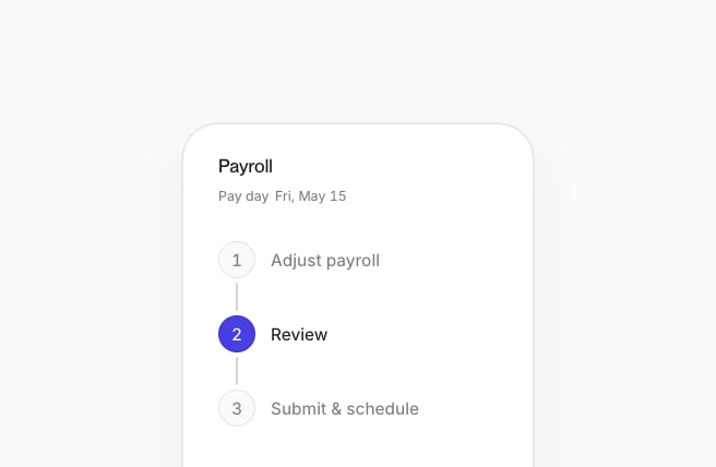 Pay run steps Adjust payroll, Review and Submit & schedule, with Review current and pay day on Fri, May 15.