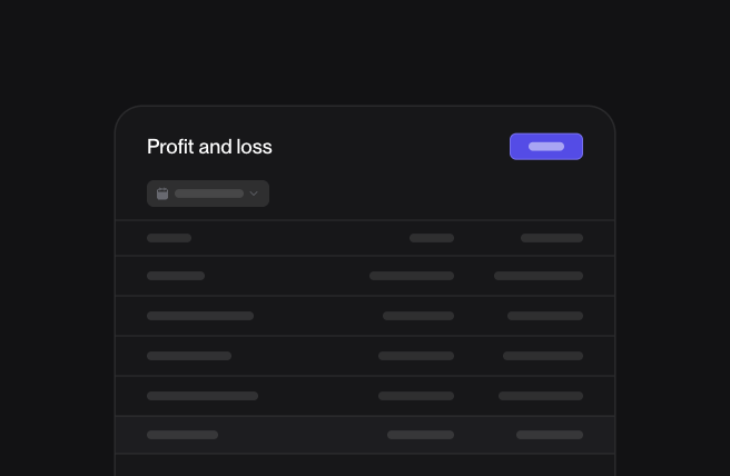 Profit and loss report with an Export button, a date range, account rows by month and a totals row.