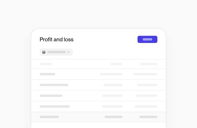 Profit and loss report with an Export button, a date range, account rows by month and a totals row.