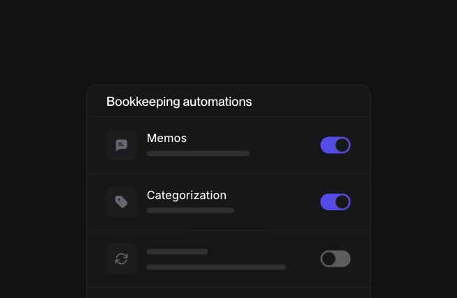 Bookkeeping automations card from Settings, with Memos and Categorization switched on and a third automation off.
