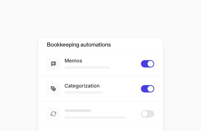 Bookkeeping automations card from Settings, with Memos and Categorization switched on and a third automation off.