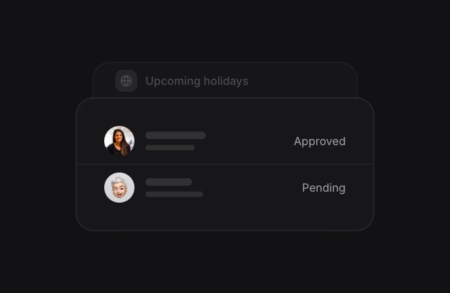 Two people's time off requests, Approved and Pending, in front of the Upcoming holidays card.