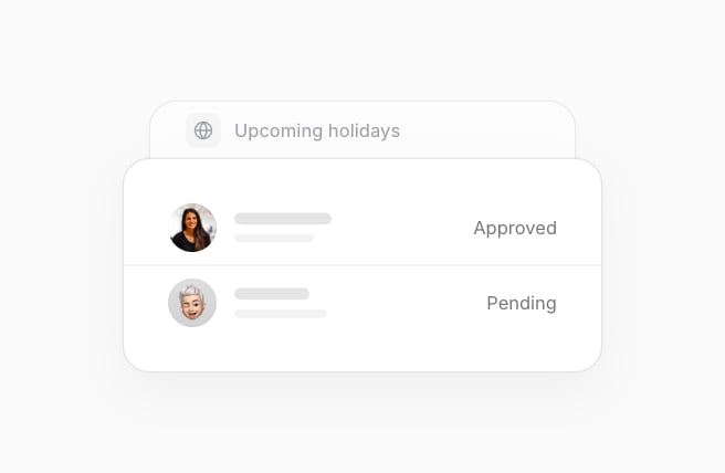 Two people's time off requests, Approved and Pending, in front of the Upcoming holidays card.