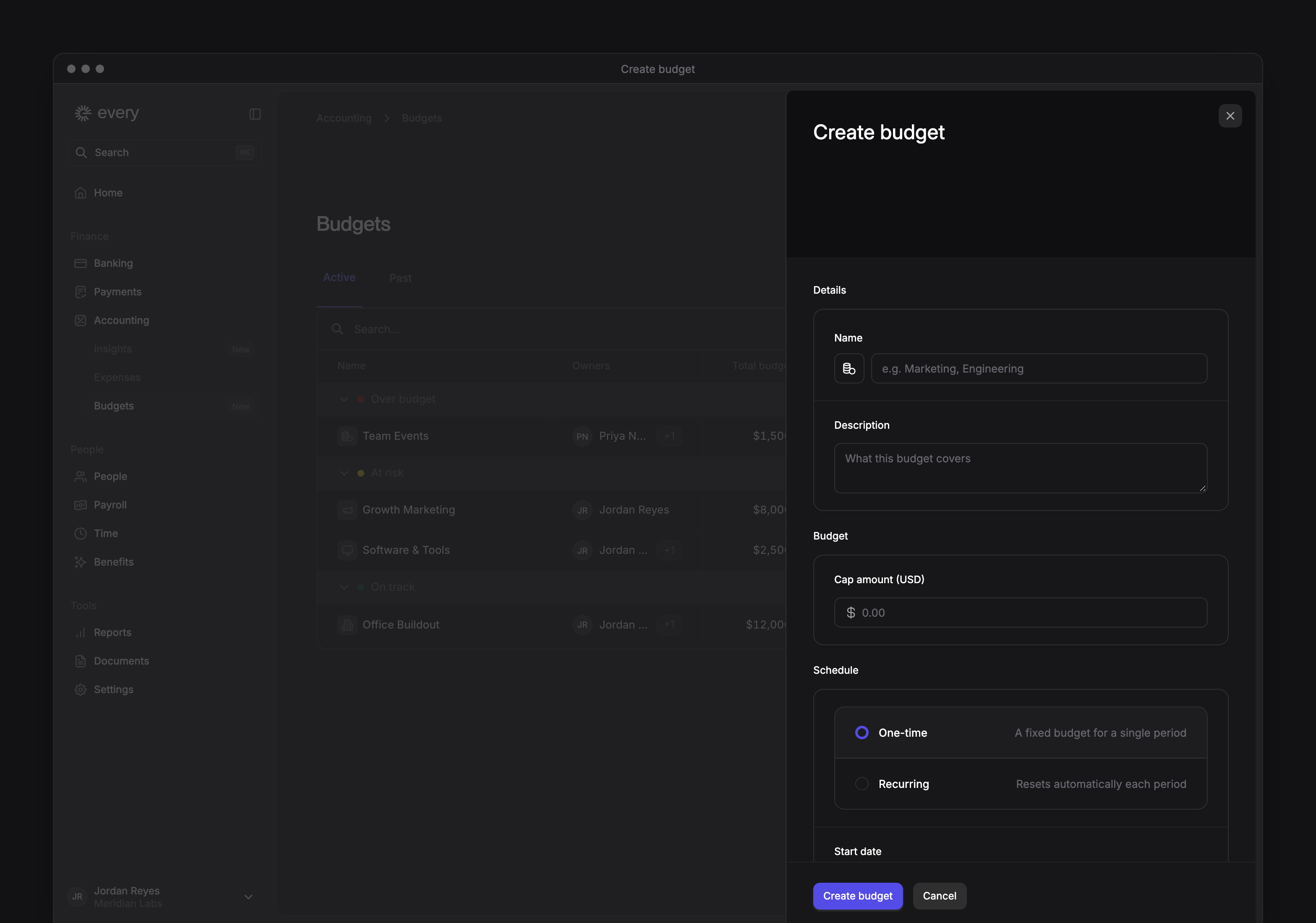 The Create budget sheet with name, description, cap amount and schedule options over the Budgets list.