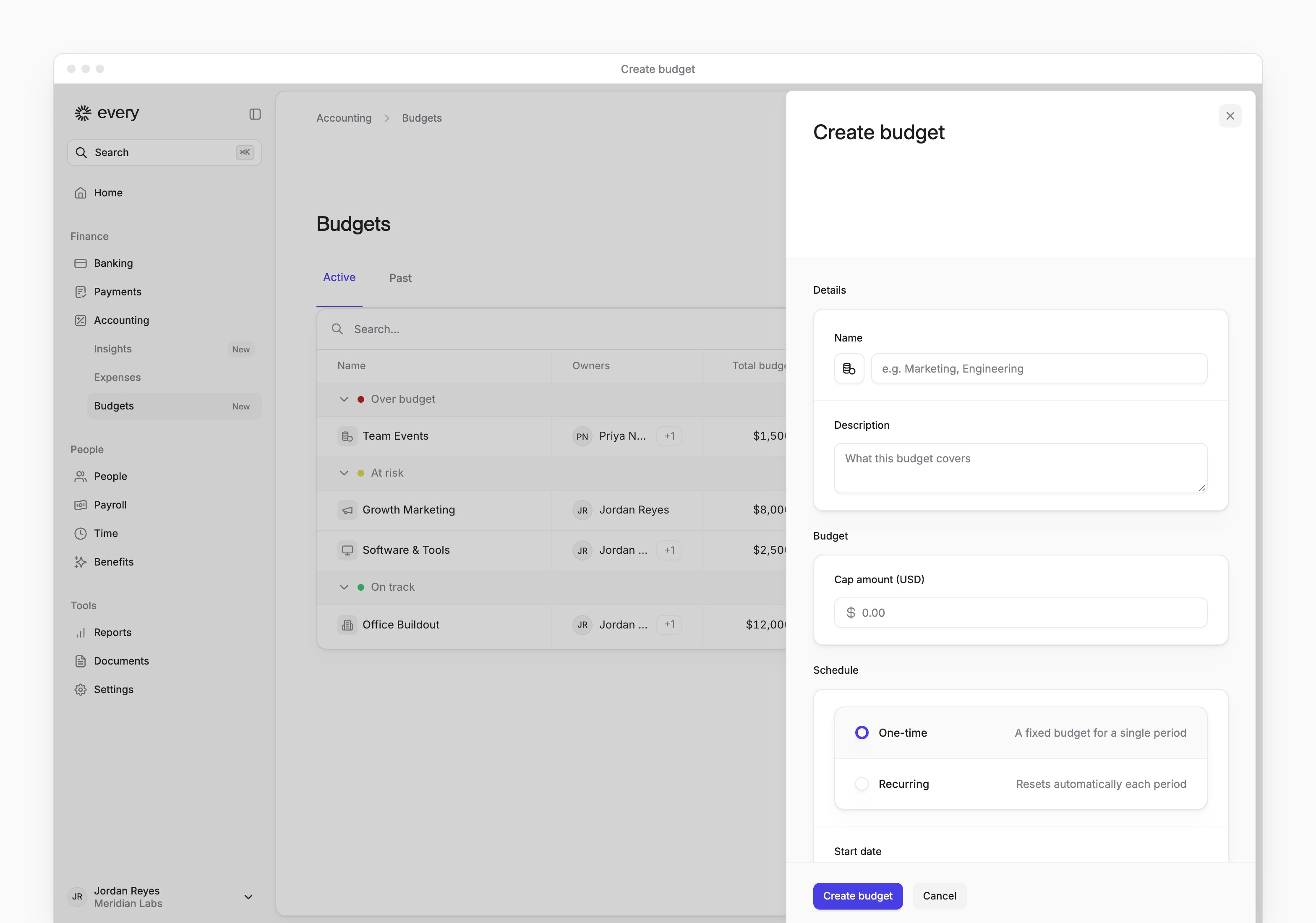 The Create budget sheet with name, description, cap amount and schedule options over the Budgets list.