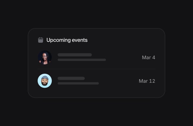 Upcoming events card with two teammates and their dates.