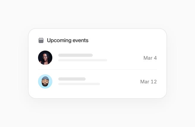 Upcoming events card with two teammates and their dates.