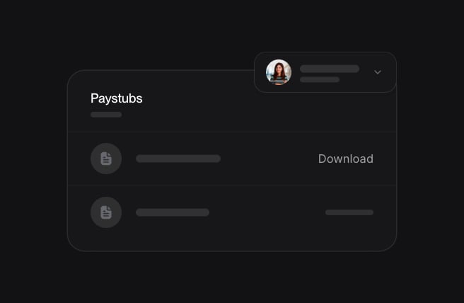 Paystubs dialog with two statements and Download, with the employee's account row.