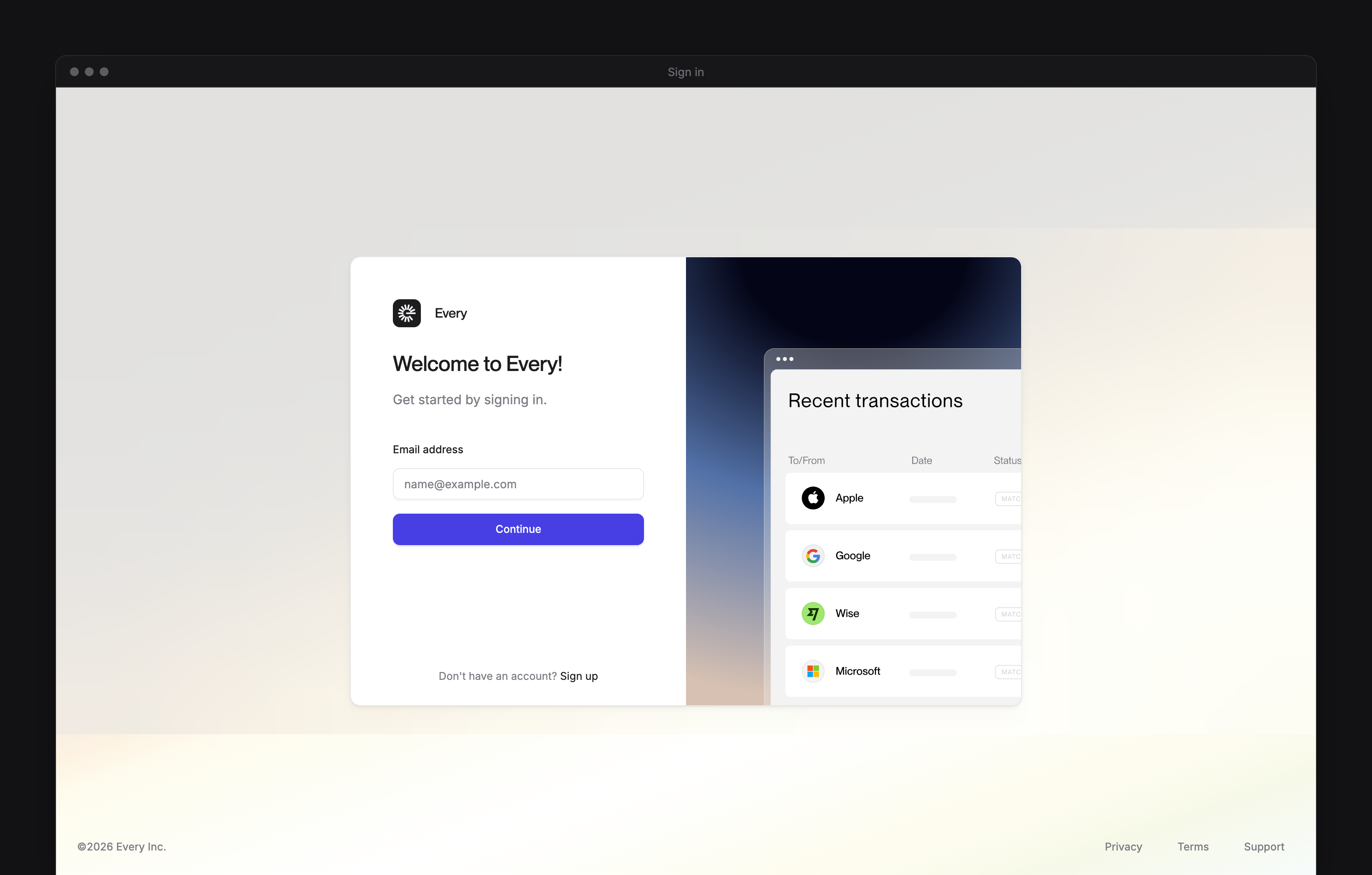 Every's sign-in screen, with Email address and Continue.