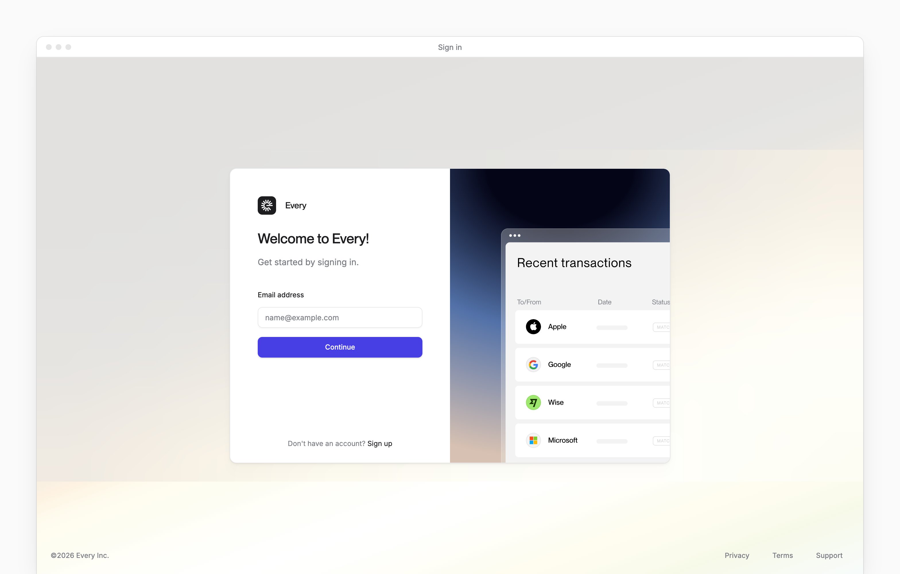 Every's sign-in screen, with Email address and Continue.