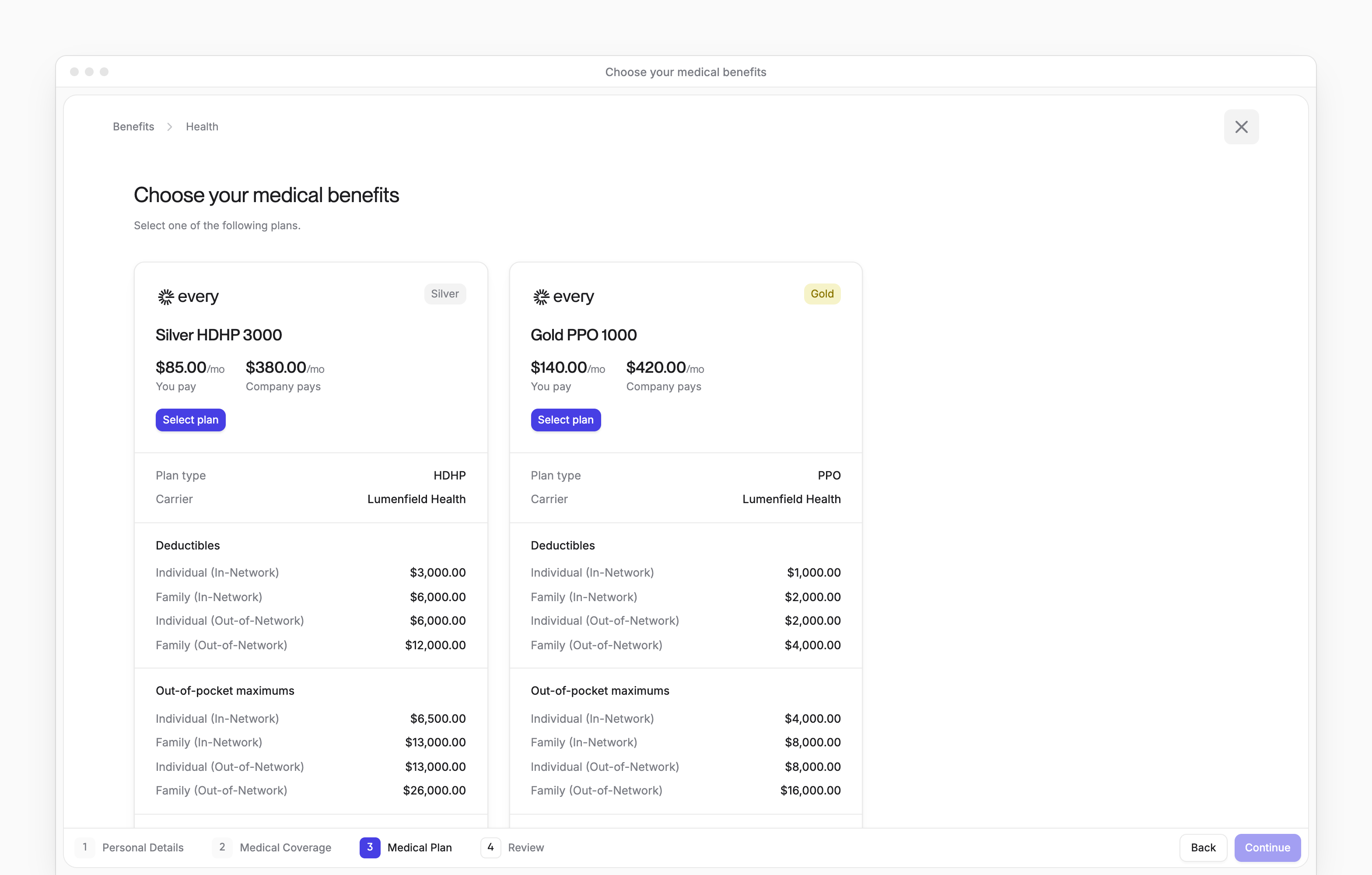 The Medical Plan step of health enrollment, comparing two plans with what you pay and what the company pays each month.