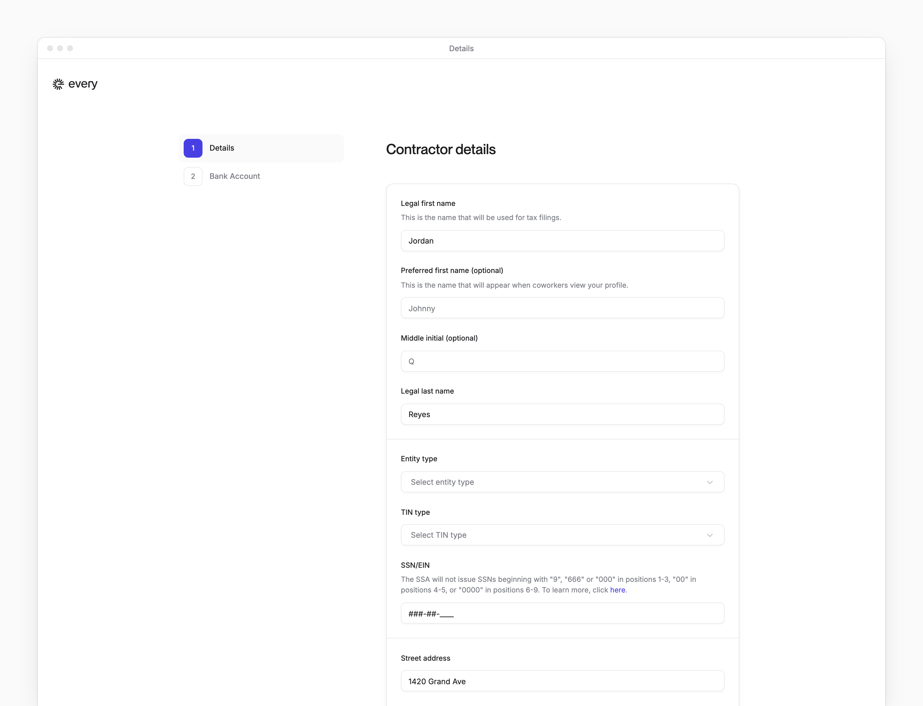 Contractor onboarding on Details, with your legal name and Entity type, and Bank Account to come.