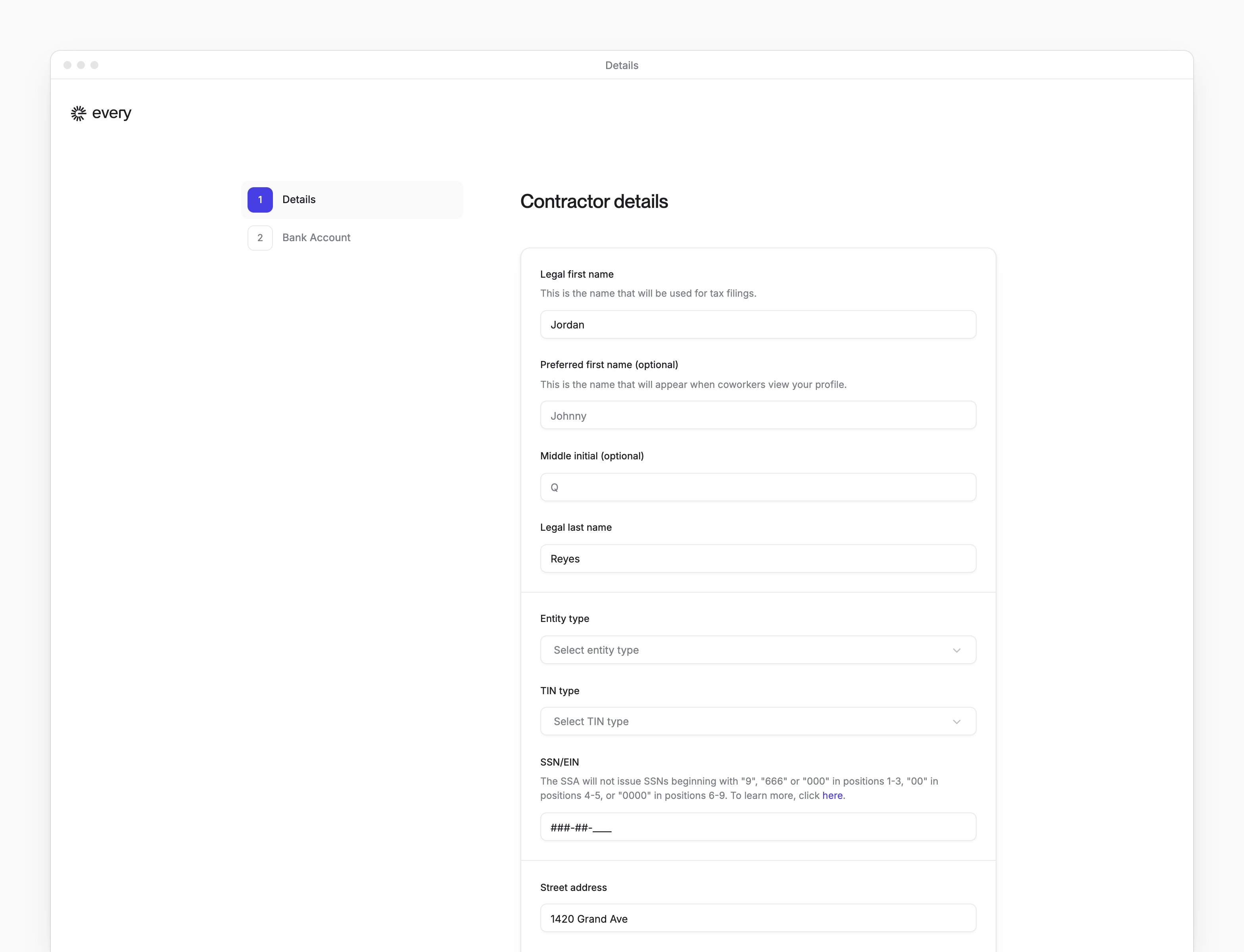Contractor onboarding on Details, with your legal name and Entity type, and Bank Account to come.