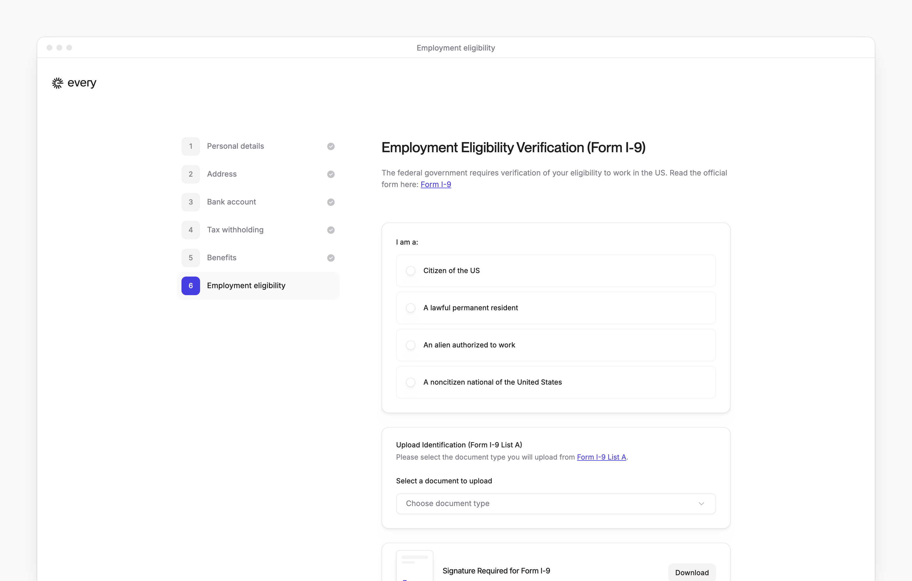 The Employment eligibility step of onboarding, with Form I-9's citizenship choices and the steps before it.